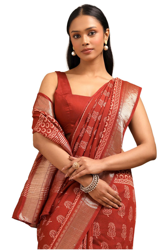 Soch Womens Rust Viscose Block Print Saree