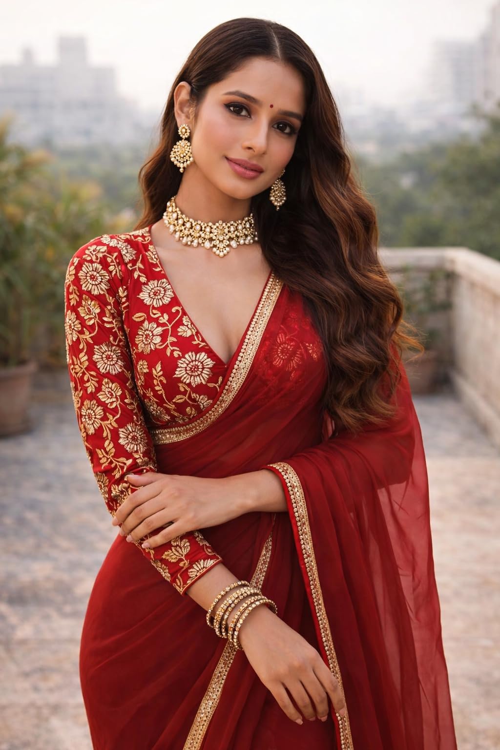 Ekasya Women Red Solid Pattern Embroidery Saree With Unstitched Blouse (E6370)