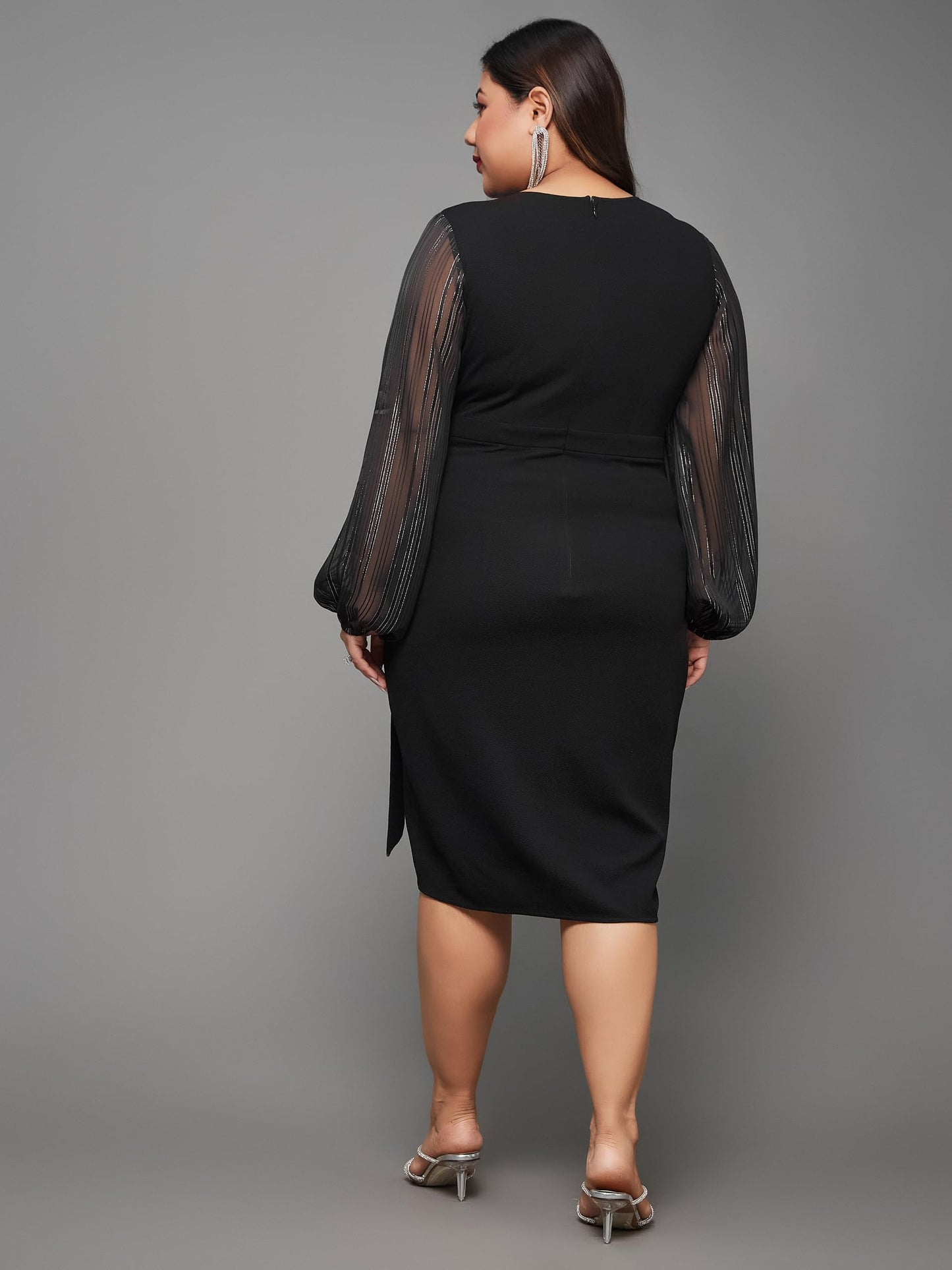 Miss Chase A+ Women's V Neck Bishop Sleeves Front Pocketed Polyester Wrap Knee-Length Dress (APSS23D16-41-62-09, Black, 4XL)