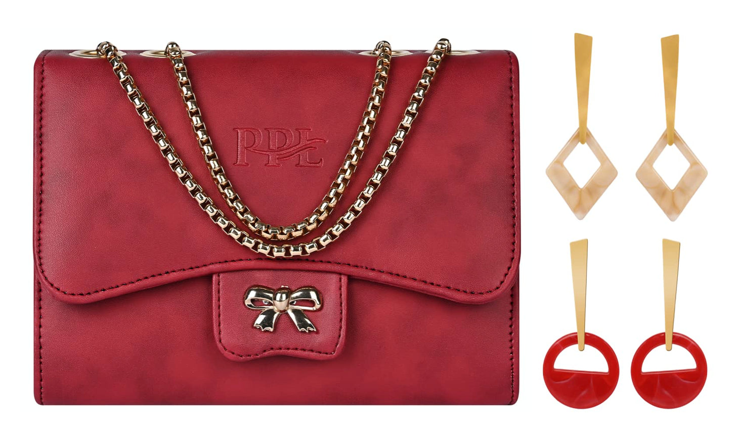 Pramadda Pure Luxury Gorgeous Red Women's Sling Crossbody Chain Purse Combo Set | Stylish Birthday Anniversary Gift Item For Girlfriend Wife | Unique Gift For Girlfriend love special.