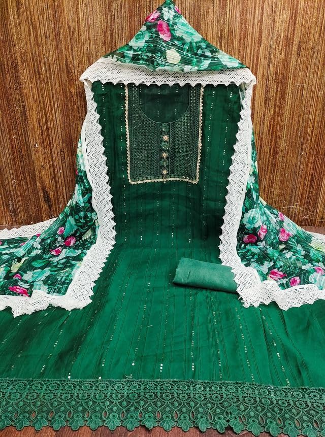 VARNI FABRICS Roman Silk Dress Material for Women Embellished Unstitched Woman Salwar Suit Dress Material with Georgette Dupatta Emerald Green