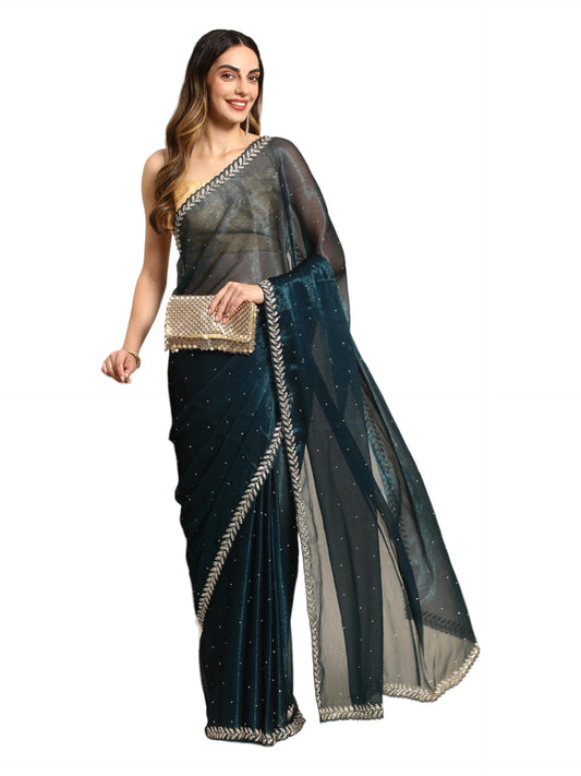 MOHEY Blue Organza Mirror Embroidered Saree for Women