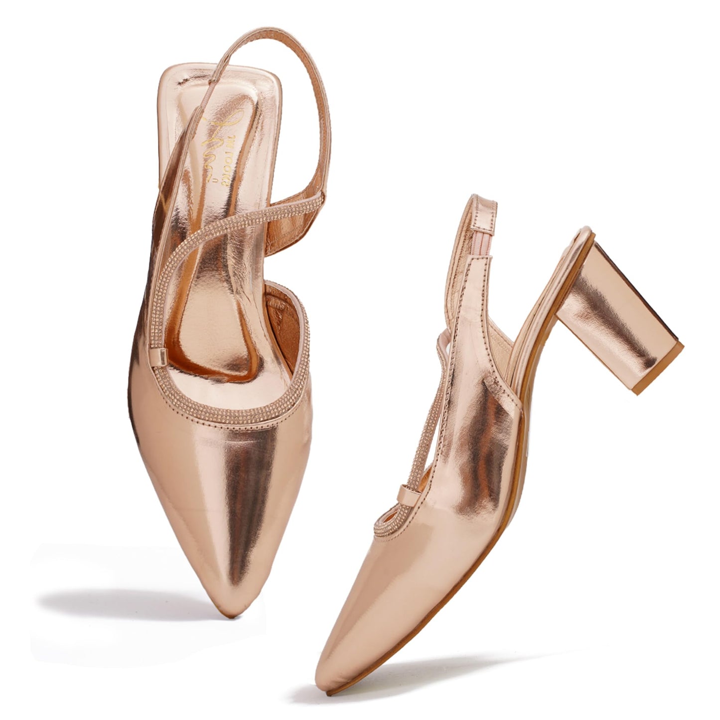 JM LOOKS Women's Block Heels Pointed Toe with Stylish Crystal Strap | Sandals | Women Sandal Comfortable Cushioned Footbed for parties Wedding Office - Sultan