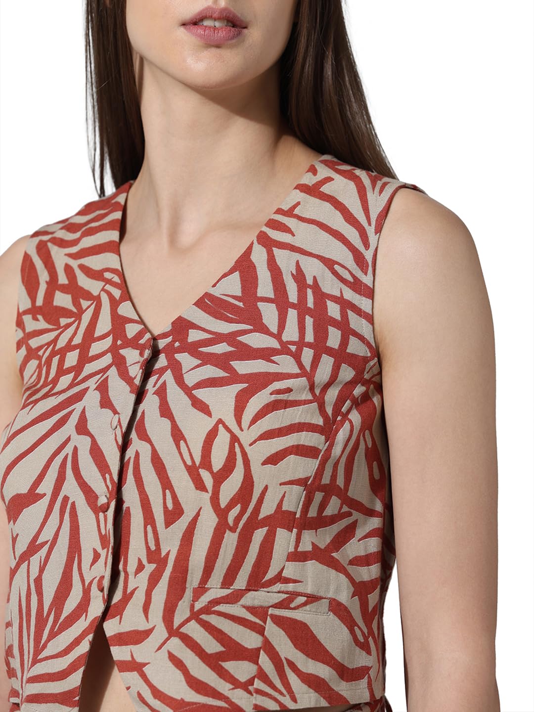 ONLY Women Printed Viscose Crop Length Beige Waistcoat