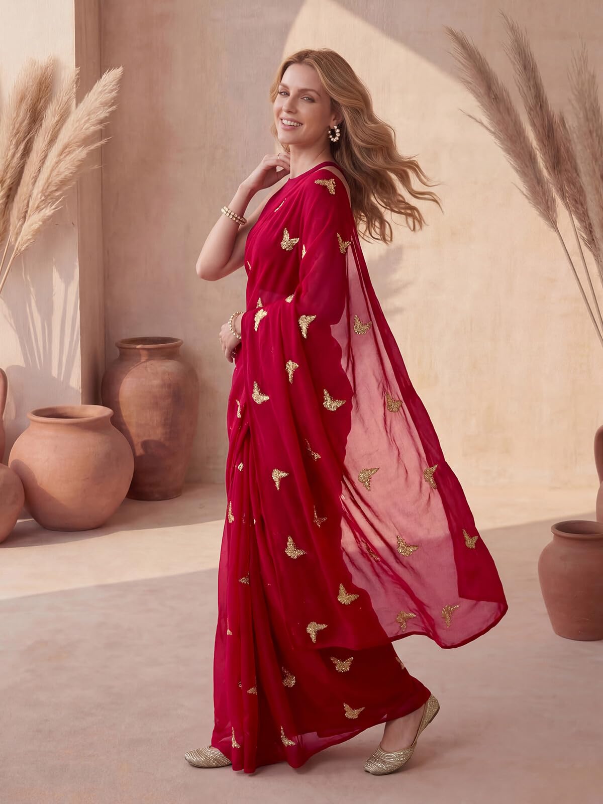 SIRIL Women's Georgette Sequins Embroidery Saree with Unstitched Blouse Piece (4407S196AAA_Red)