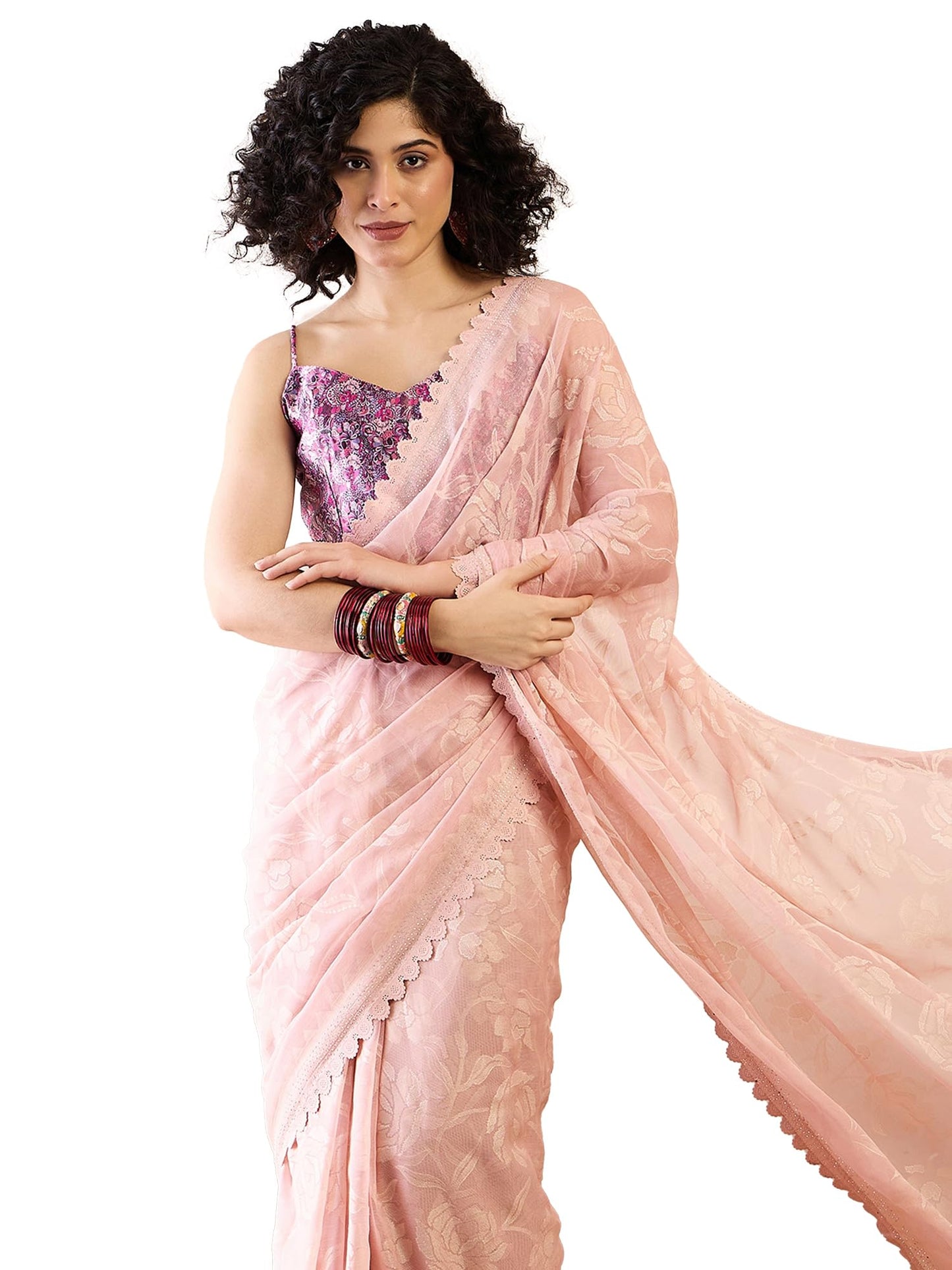 SAREE MALL Women's Beige Chiffon Floral Printed Ready To Wear one Minute Saree With Unstitched Blouse (RTWKINJAL4269_5D)