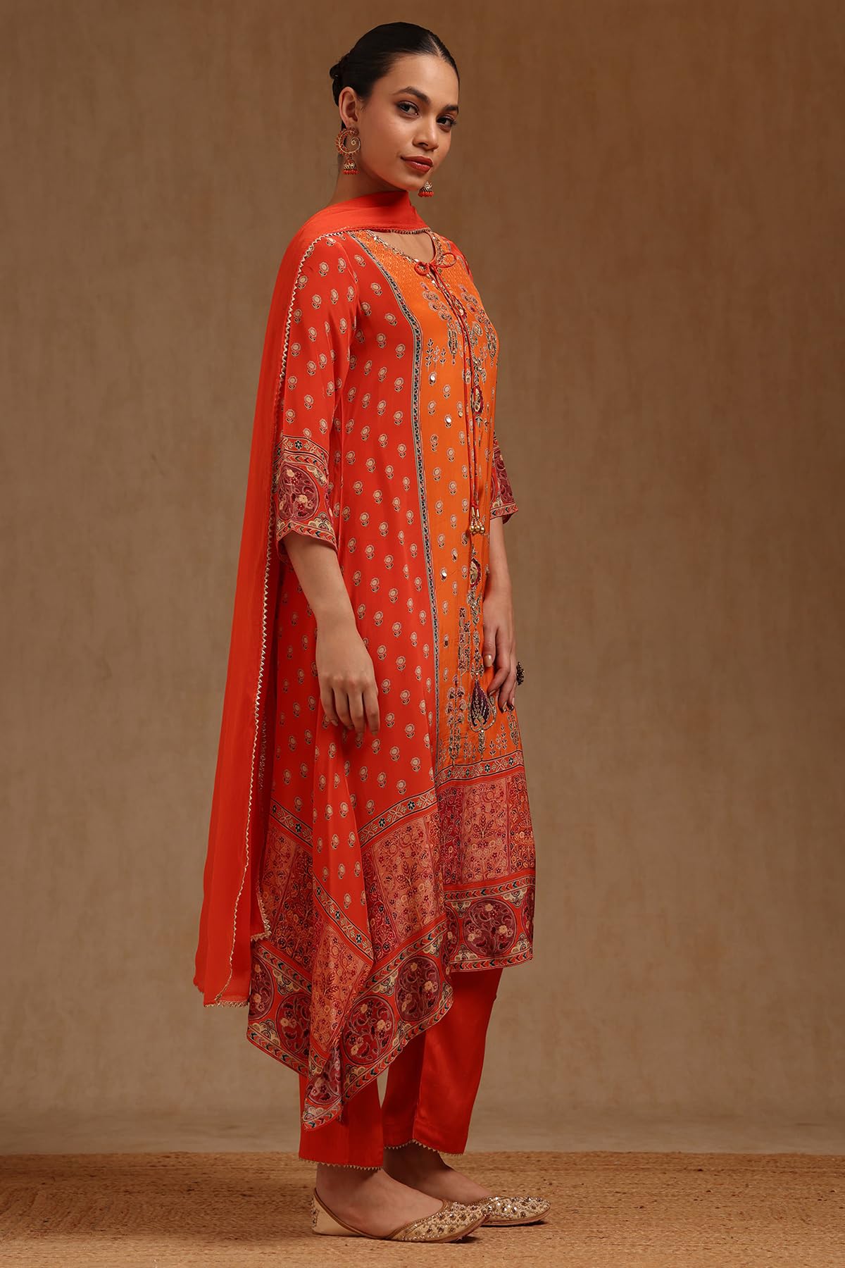 Soch Womens Orange Crepe Floral Print Suit Set With Sequins
