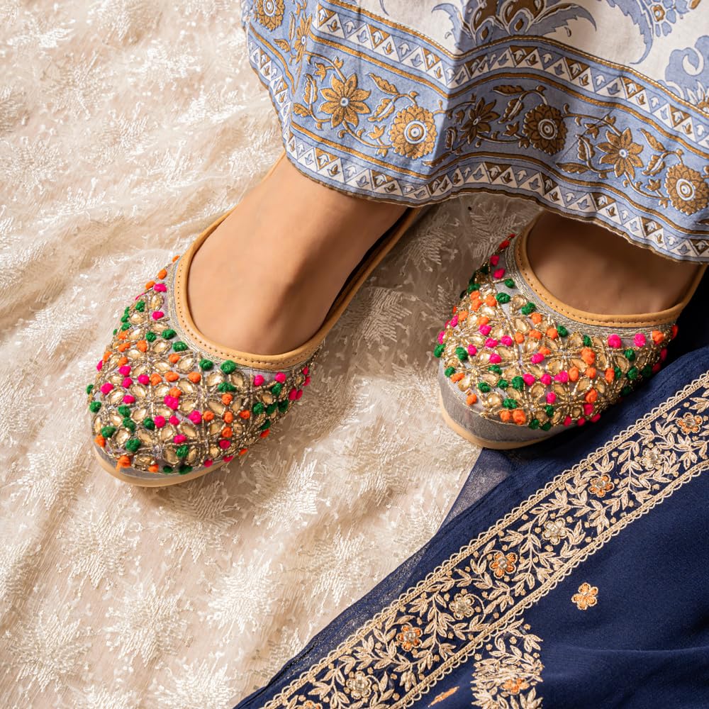 Indifeet � Jutti for Women, Punjabi Juti mojaris, Stylish mojri Footwear, New Juttis Ethnic Traditional Girls Rajasthani Ladies Shoes Jaipuri Wedding Bridal mojdi Grey Multicolor (8)