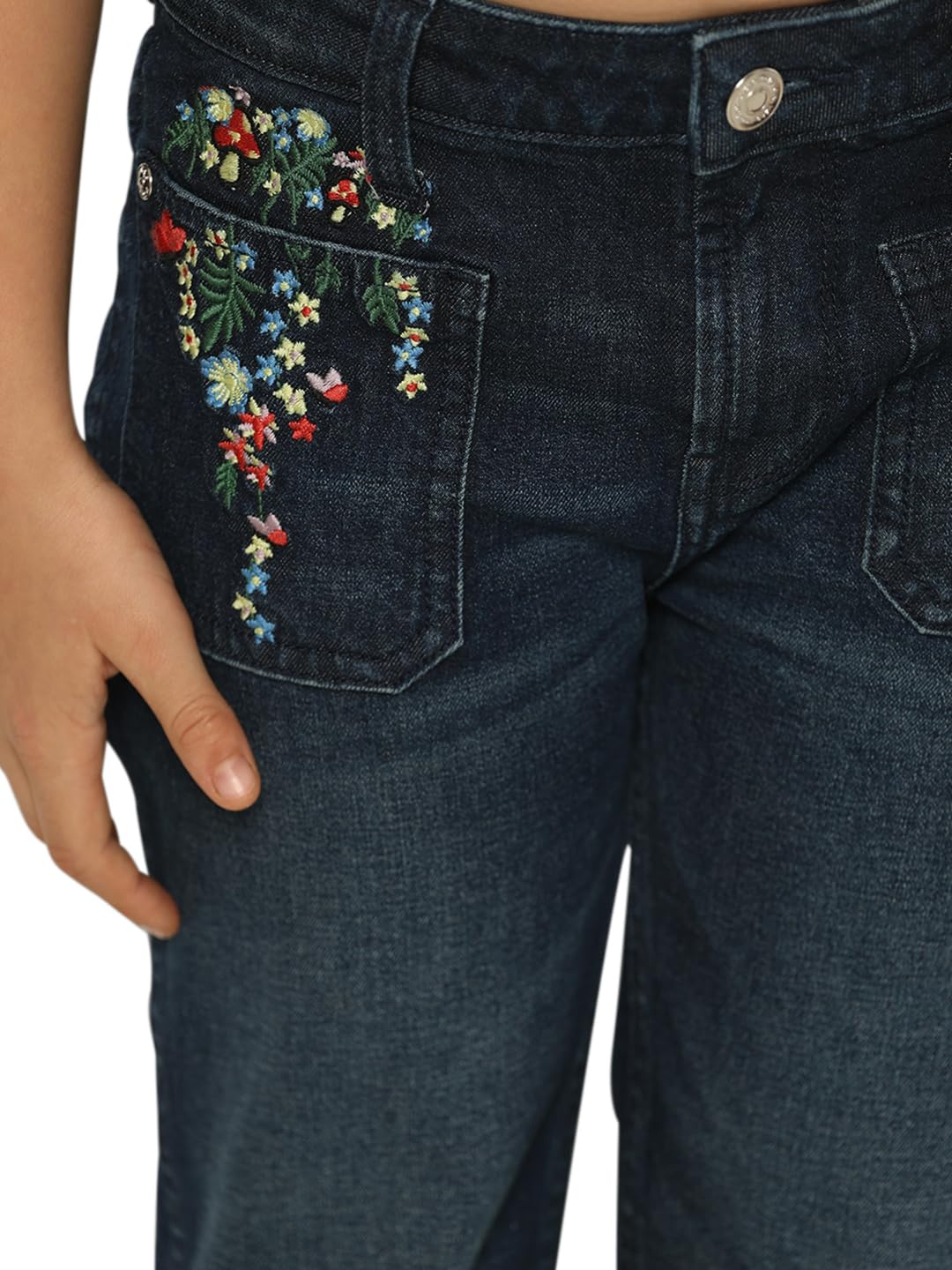 VERO MODA Girls Embroidery Cotton Blend Bootcut Mid Rise Dark Blue Jeans