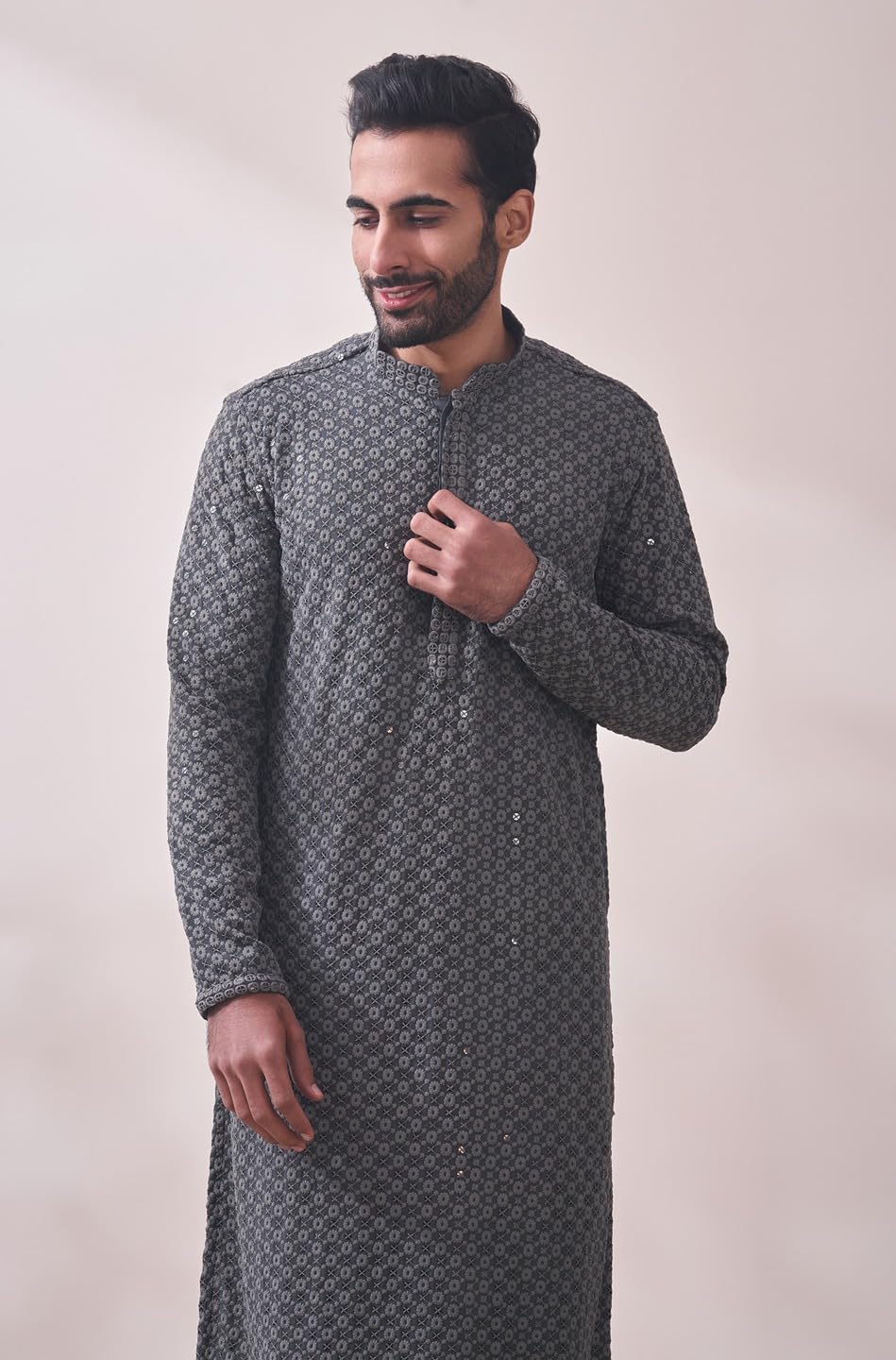 Manyavar Mens Grey Viscose Embroidered Kurtas