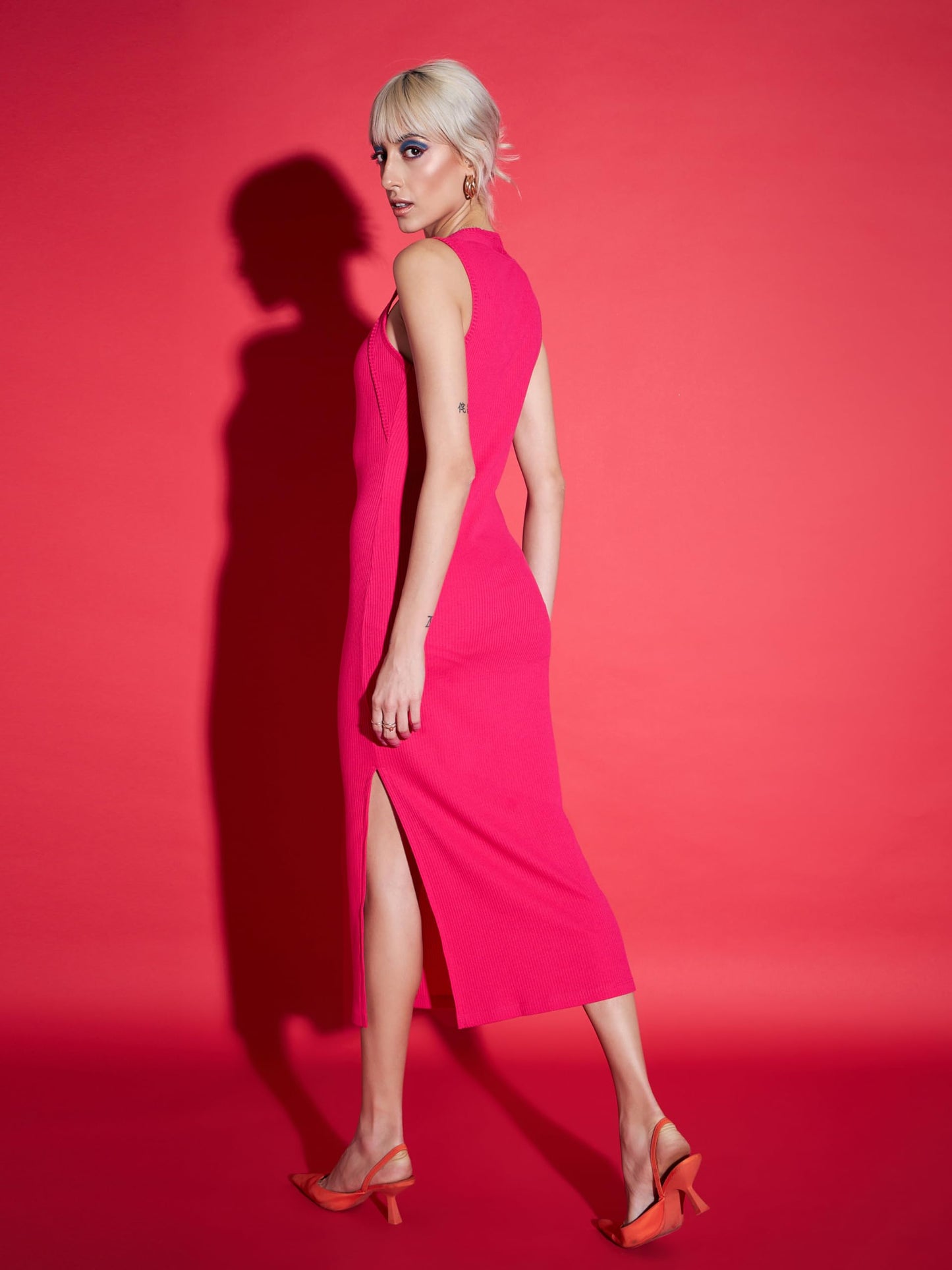 SASSAFRAS Women's Rib Bodycon Dress Midi Length Casual SFDRSS11380_Magenta