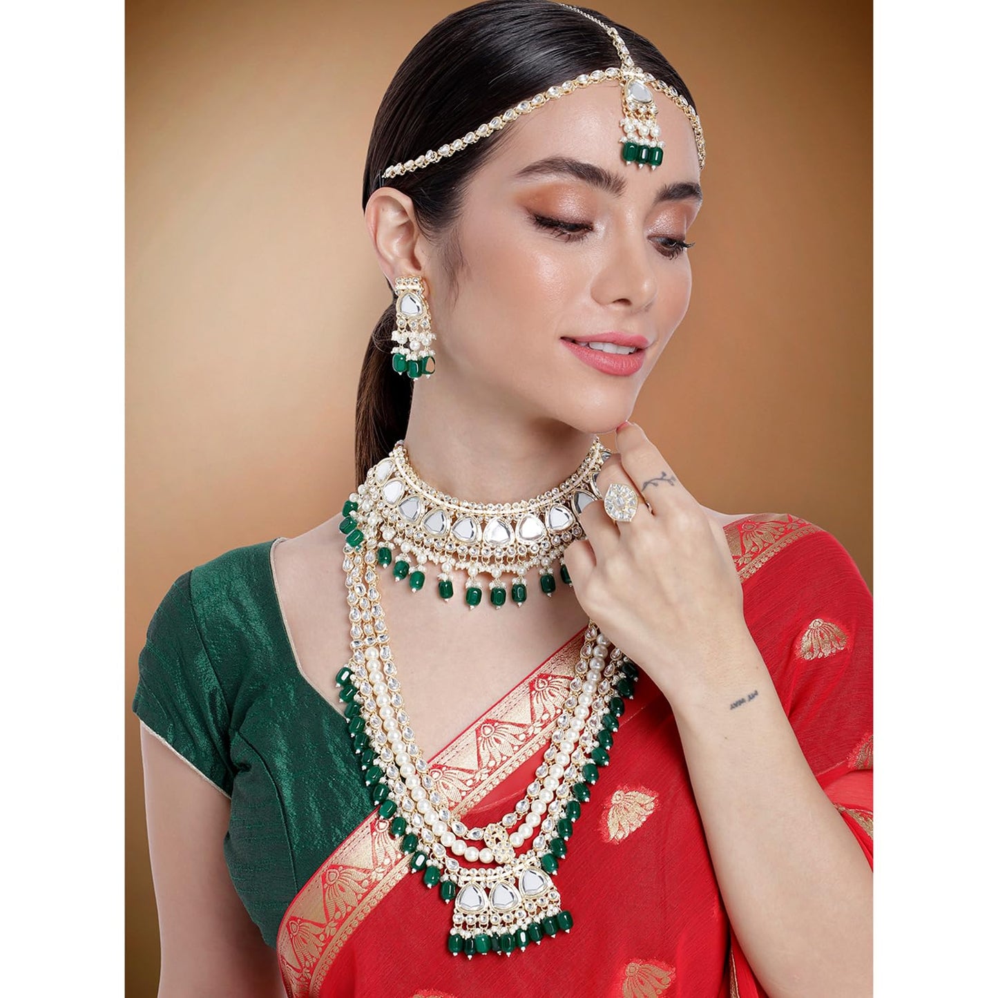 Peora Gold Plated Green Kundan Studded Choker Long Necklace Maangtikka Nathiya Earrings Finger Ring Bridal Jewellery Set for Women