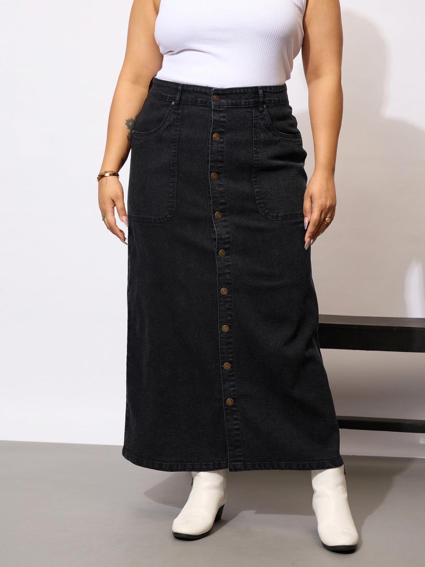 Black Denim Acid Wash Front Button Skirt