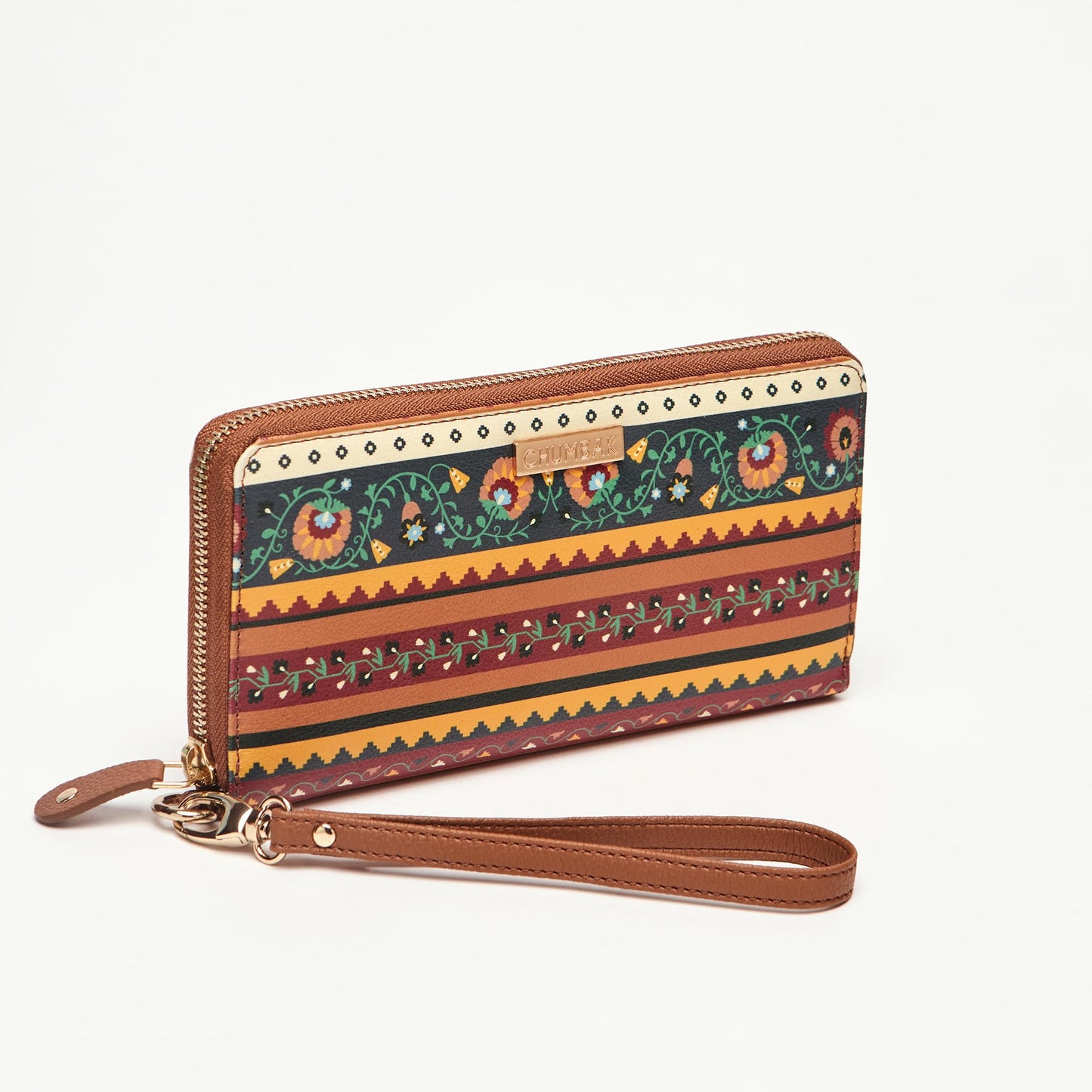 Chumbak Women’s Wallet – Jaipur Nomad Collection, Tan Floral PU Leather Compact Wallet with Zipper Closure, Lightweight Travel Purse for Women