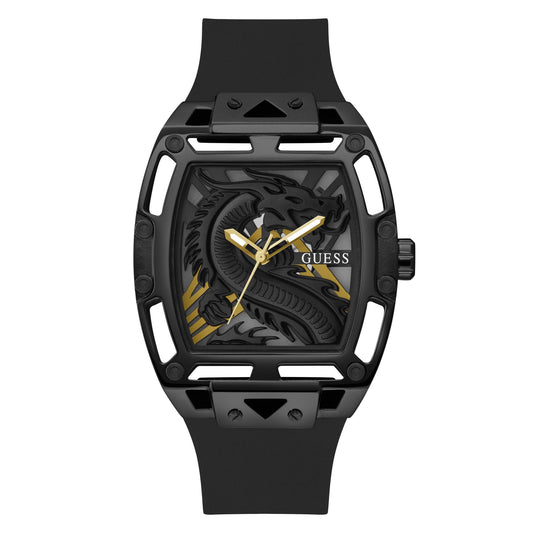 GUESS Silicone Men 44Mm Analog Watch - Black Strap Black Dial Black Case, Black/Black/Gold, Classic, Black Band