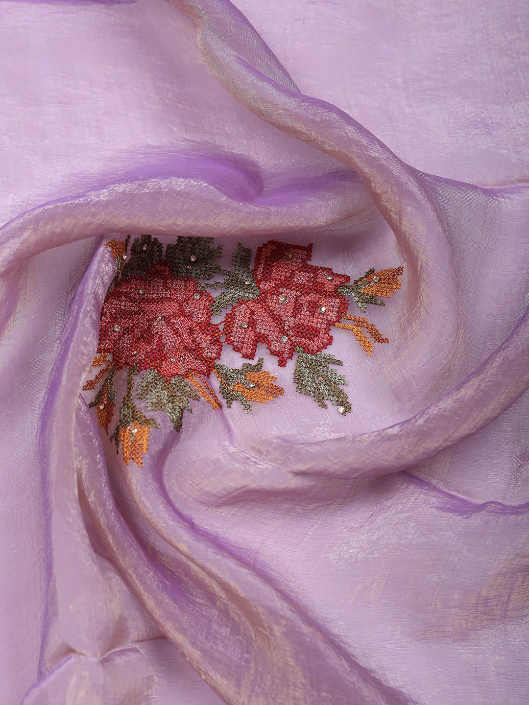 Meena Bazaar Purple Embroidered Tissue Unstitched Suit With Pant & Dupatta