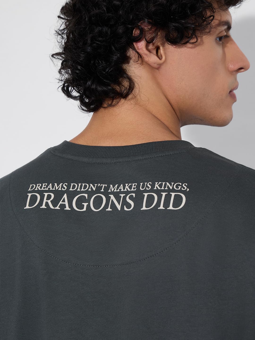 The Souled Store House of The Dragon: Fire & Blood Men and Boys Short Sleeves Round Neck Grey Graphic Printed Cotton Oversized T-Shirts