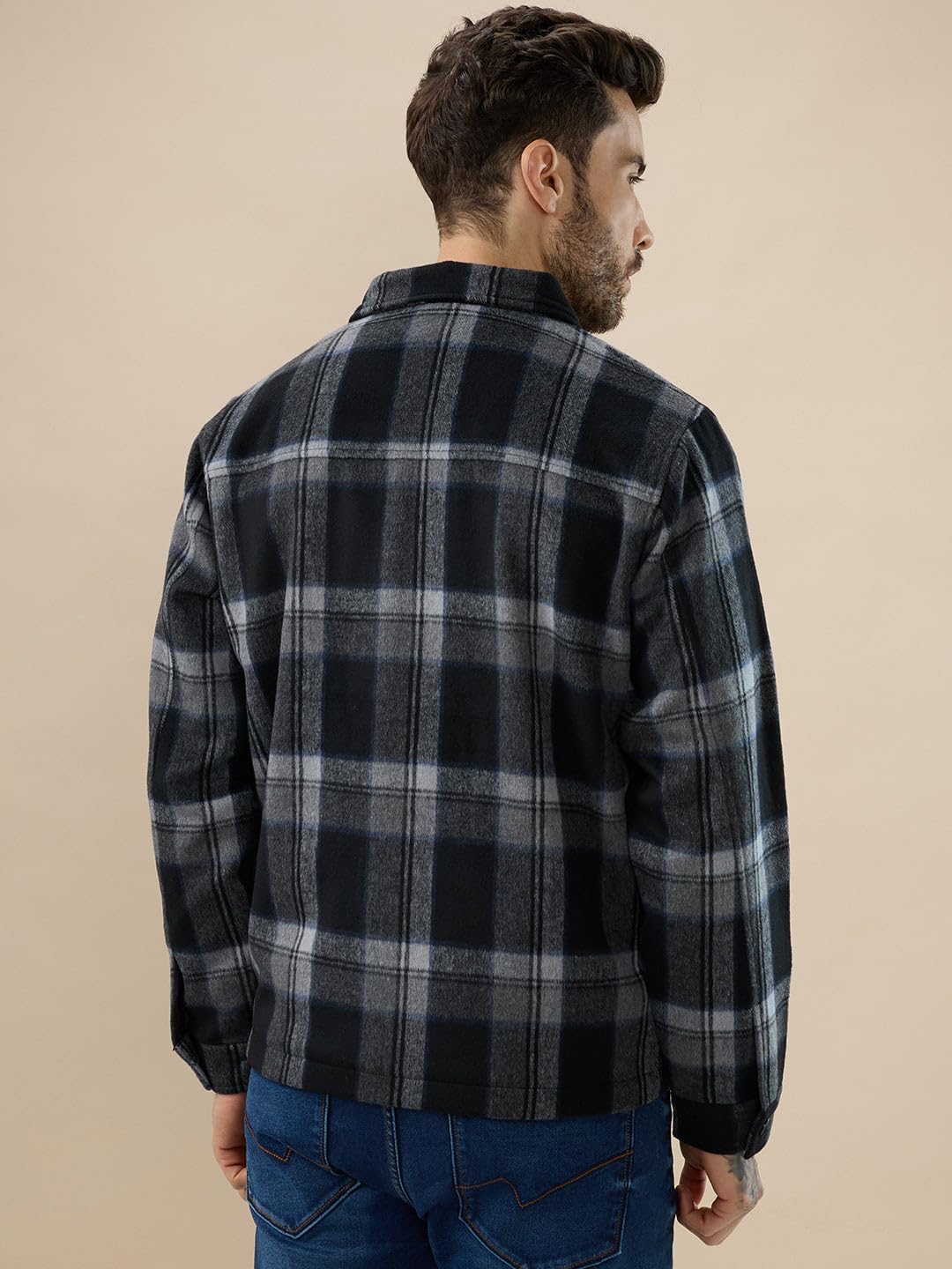 Status Quo Men's Wool Blend Checked Pattern Regular Fit Shacket | 100% Polyester | BLACK | 4XL Size