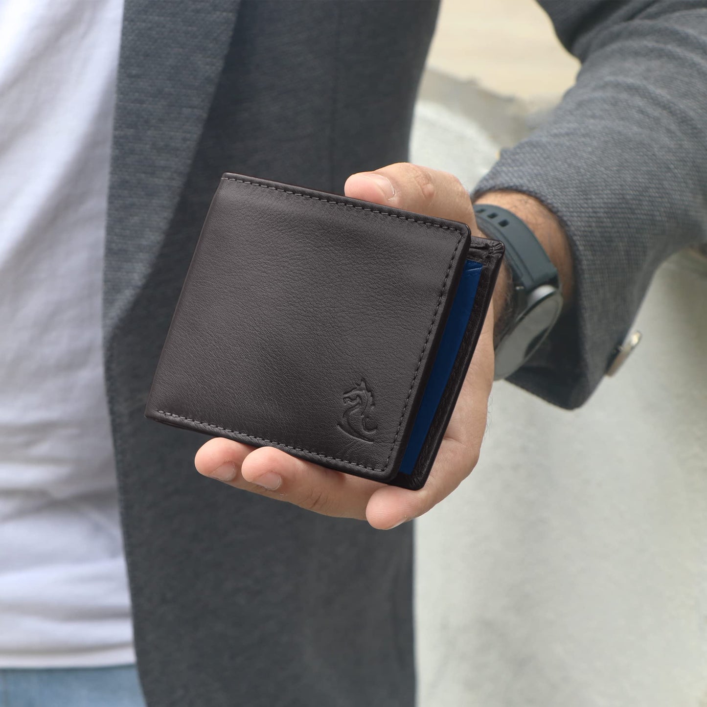 KARA Bifold Genuine Leather Men's Wallet - Regular Dual Color Brown & Blue Wallet for Men with Four Cards Slots