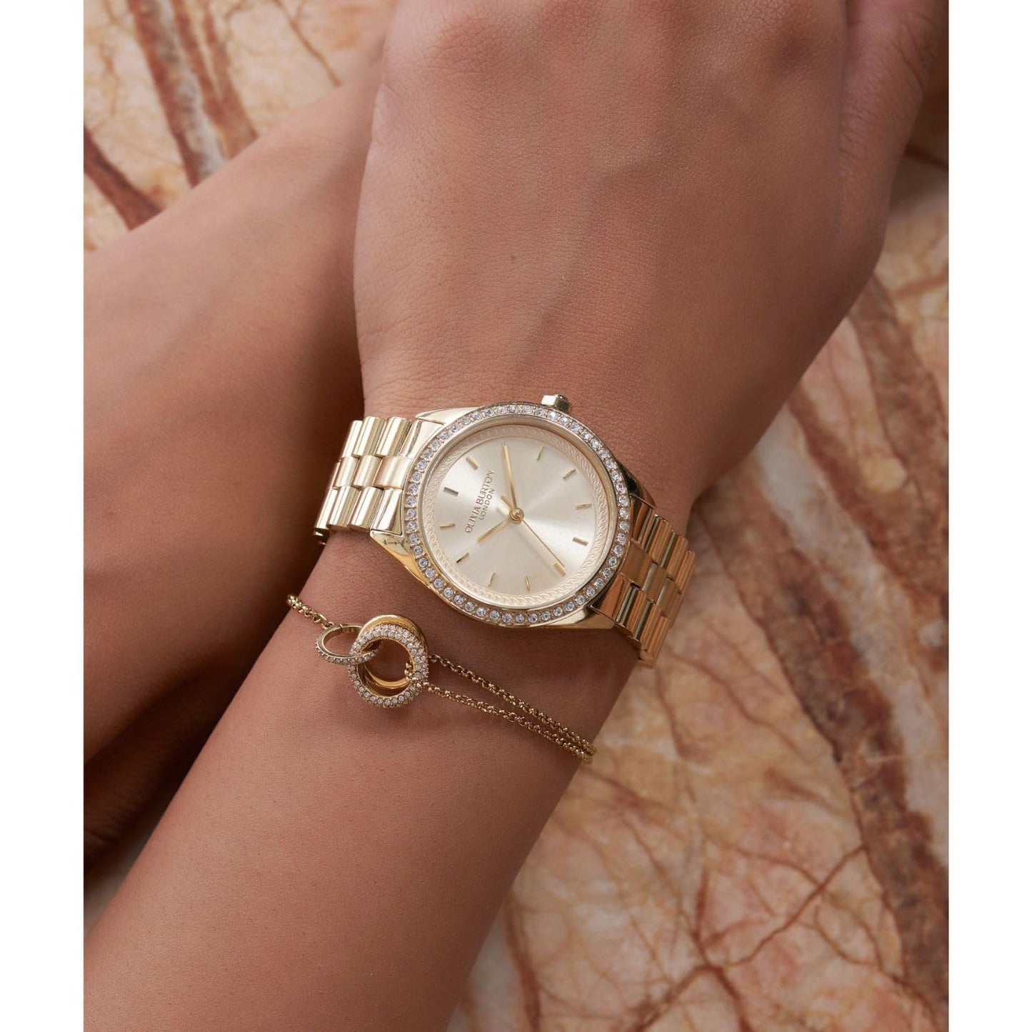 Olivia Burton Bejewelled Qtz Basic Light Gold Round Dial Women's Watch|Ionic Plated Thin Gold Steel Material|Gold Color Band - 24000135