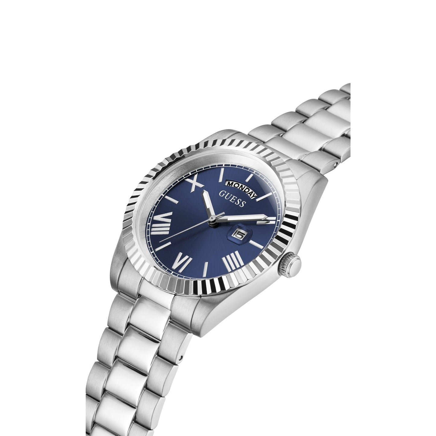 GUESS Stainless Steel Analog Blue Dial Men Watch-Gw0265G7, Silver Band