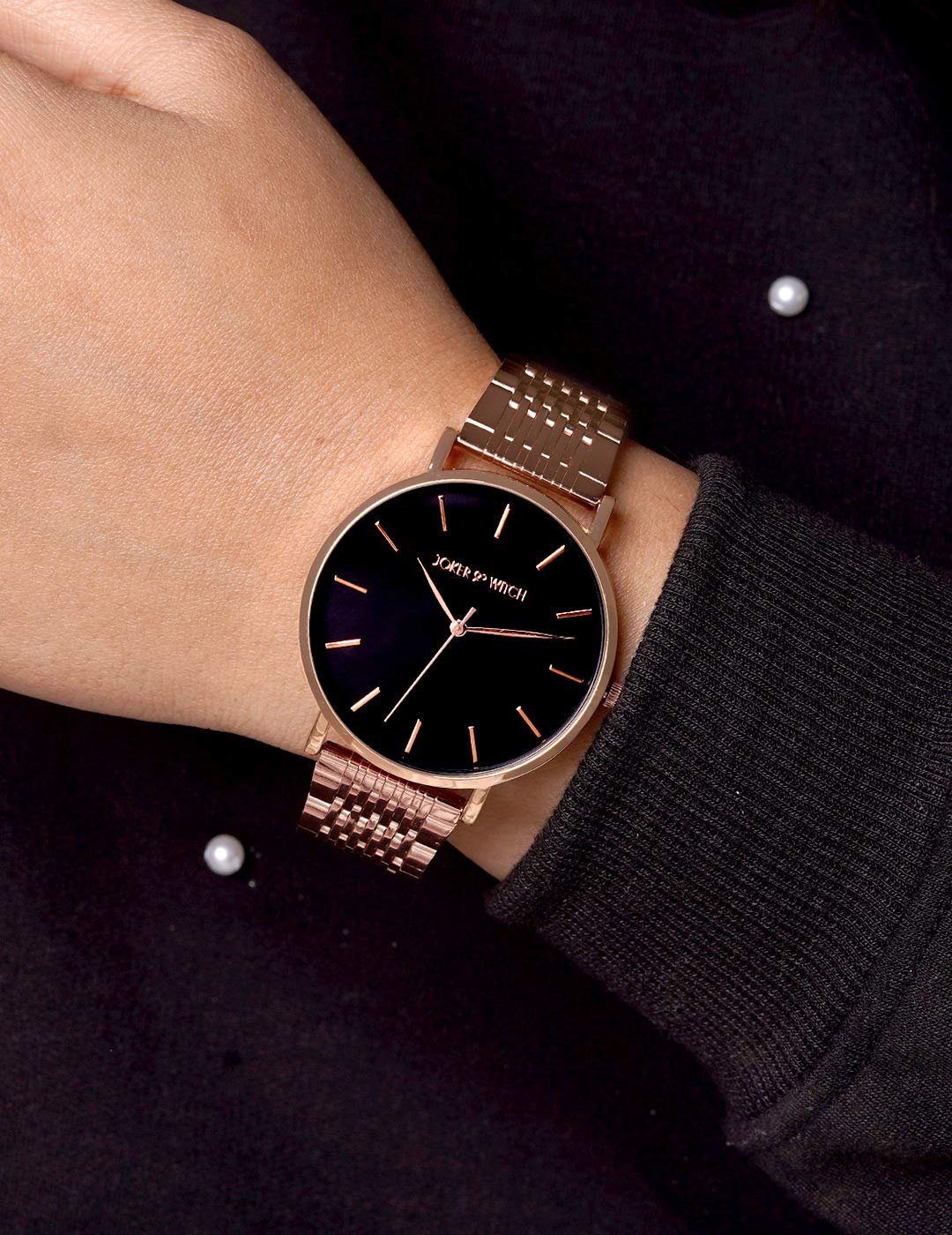 Joker & Witch Signature Black Dial 20mm Rosegold Stainless Steel Watch for Women