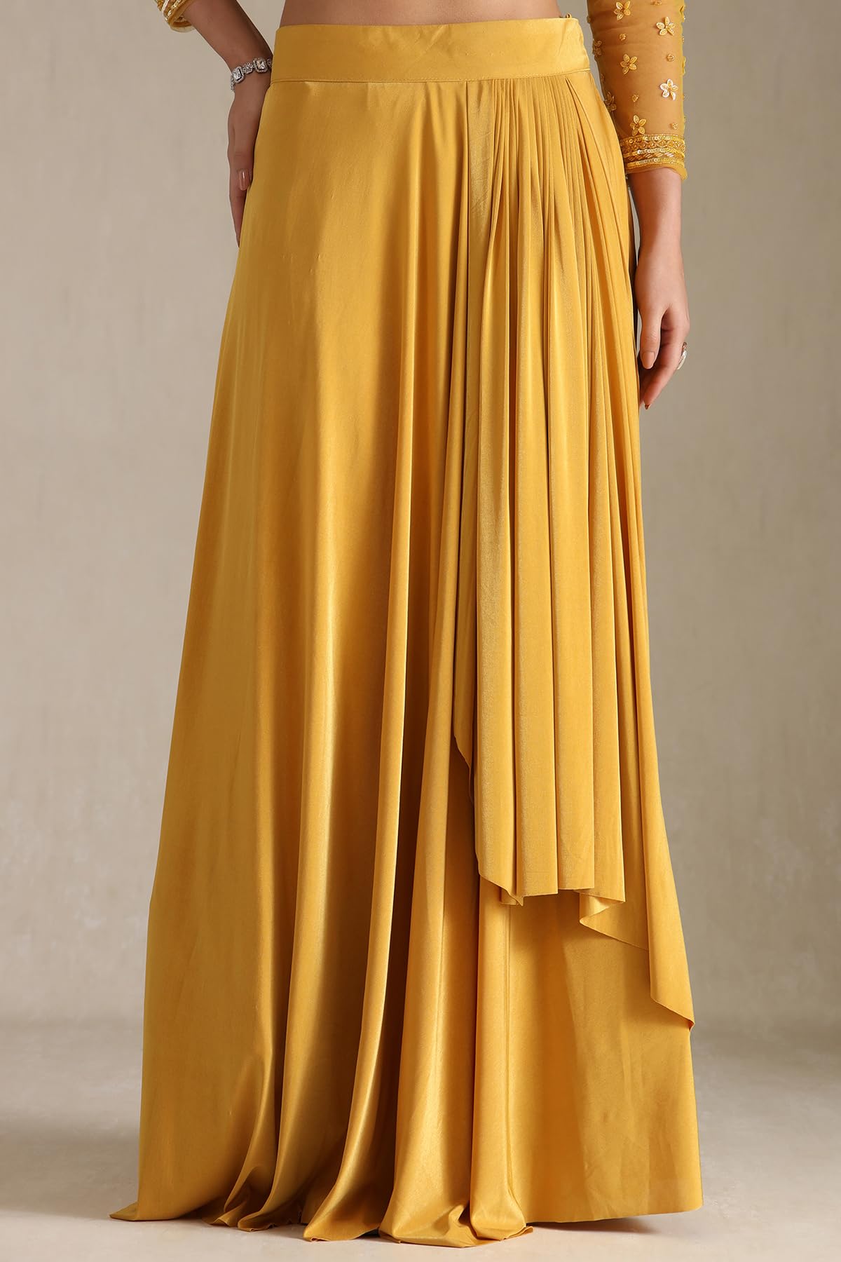 Soch Womens Mustard Nylon Blend Solid Ready To Wear Saree