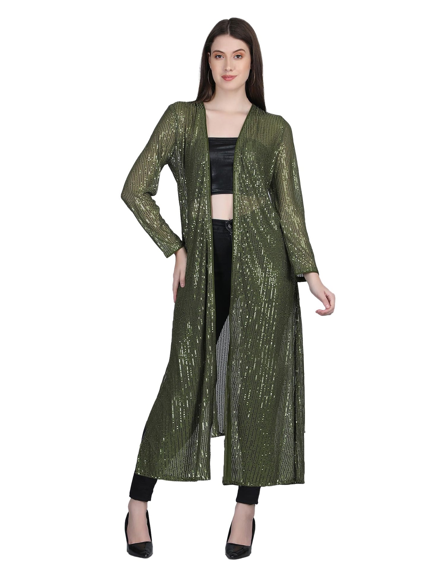AOL Women's Long Power Net Open Neck Sequinned Shrug(Olive Green, Free Size)