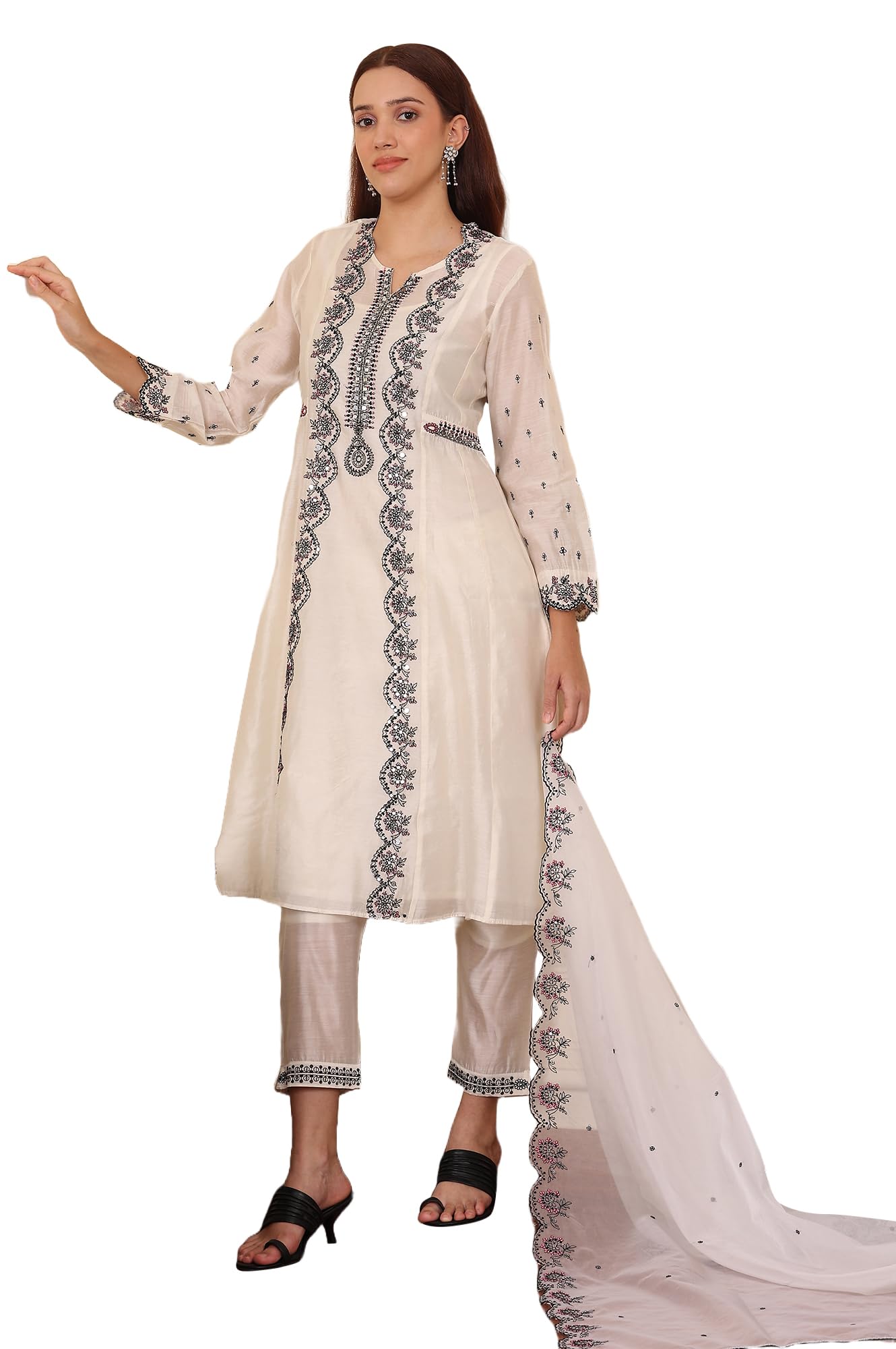 W for Woman Wishful White Chanderi Mock Panelled Embroidered Flared Kurta, Straight Pants and Dupatta Set (Size: XXL)-24FESP10672-221349