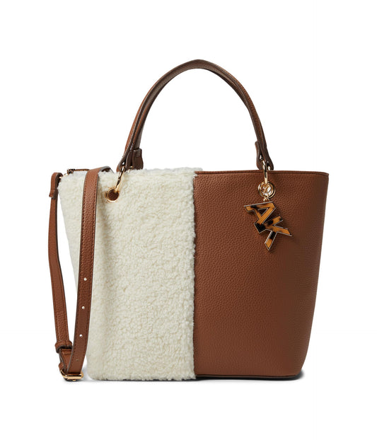 Anne Klein Mini Convertible Sherpa Tote, Chestnut/Cream, One Size