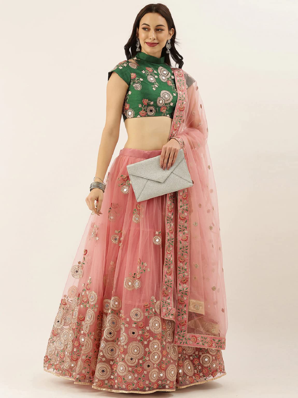 Divine International Trading Co Women's Net Embroidered Semi-Stitched Lehenga Choli with Dupatta (Peach-Wedding-Girlish-Latest-Lehenga; Free Size;7315)