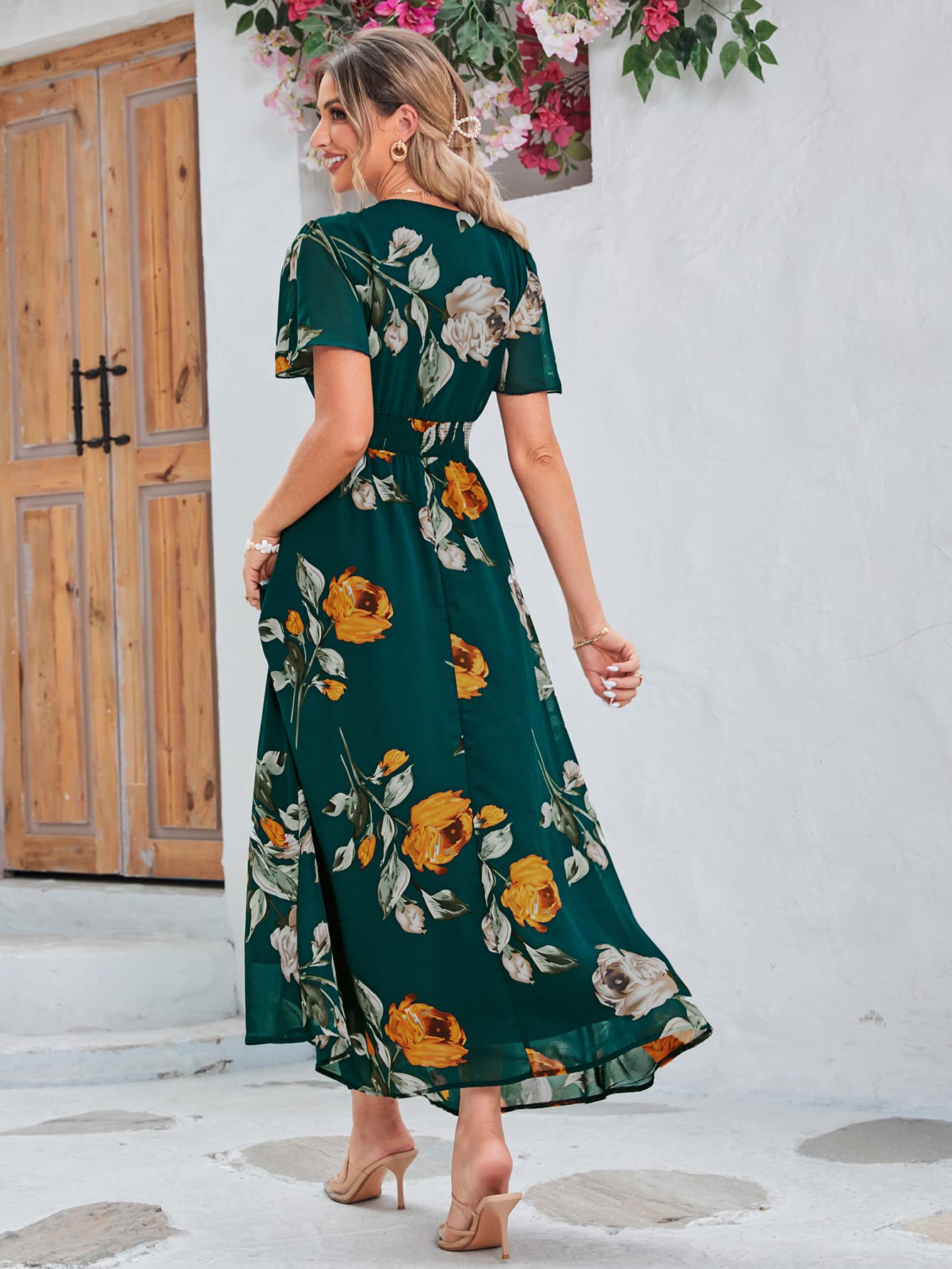 Simplee Women Casual Boho Floral Maxi Dress Flowy Holiday Beach Long Dress V Neck Short Sleeve Wedding Guest Dress, #Dark Green, M