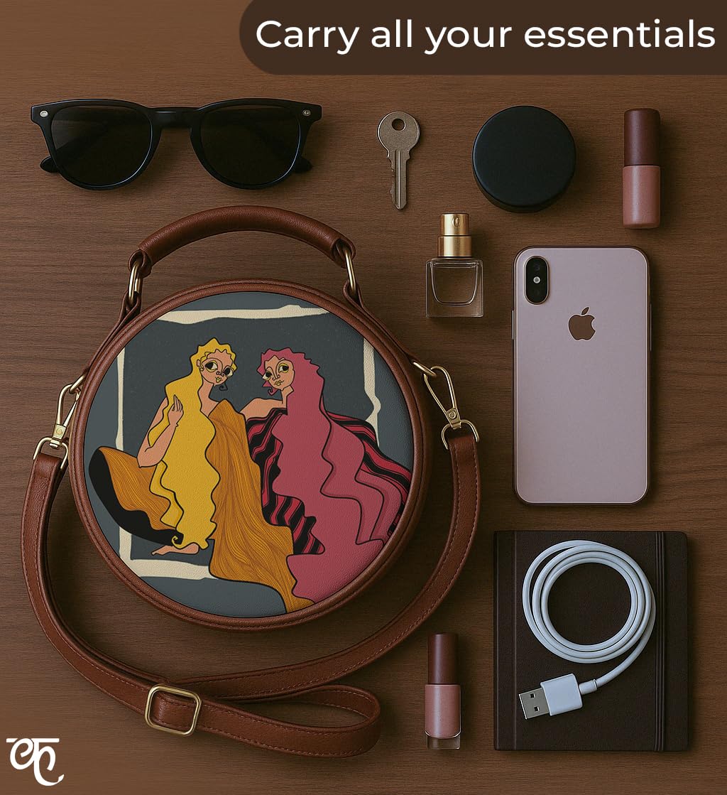 Kalankit Round Sling For Women | Girls Crossbody Bags | Side Bags With Adjustable Strap | Travel Box Sling Bags | Twins