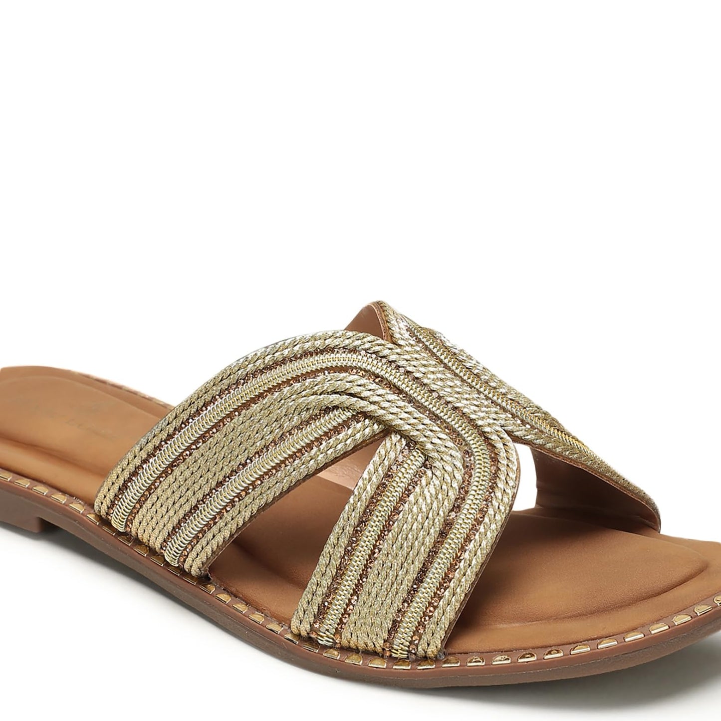 Marc Loire Women Smart Casual Embellished Slip-On Open Toe Flats Chappals | Fashion Sandals with Comfortable Sole (Gold, UK Footwear Size System, Adult, Women, Numeric, Medium, 7)