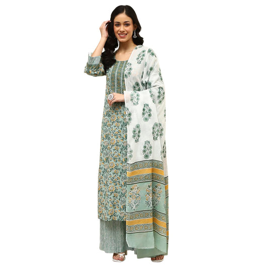 BIBA Women Green Cotton Screen Print Unstitched Suit Set_FREE SIZE