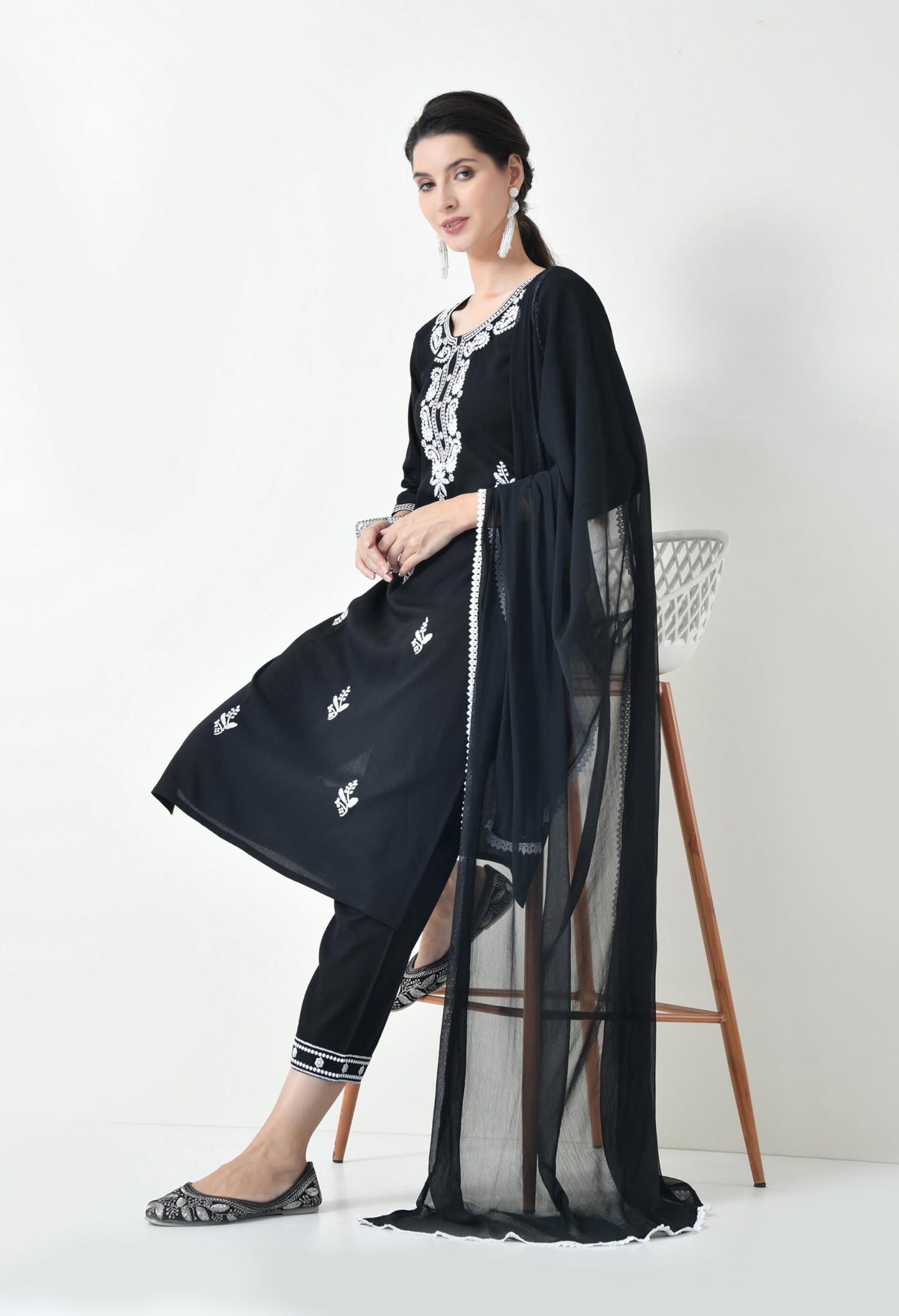 LIBOZA Chikankari Kurta Set for Women, Royon Cotton Straight Design Salwar Suit for Wedding, Diwali & Festival Kurti Pant With Dupatta, Suits Sets for Girls (IN, Alpha, L, Regular, BLACK)