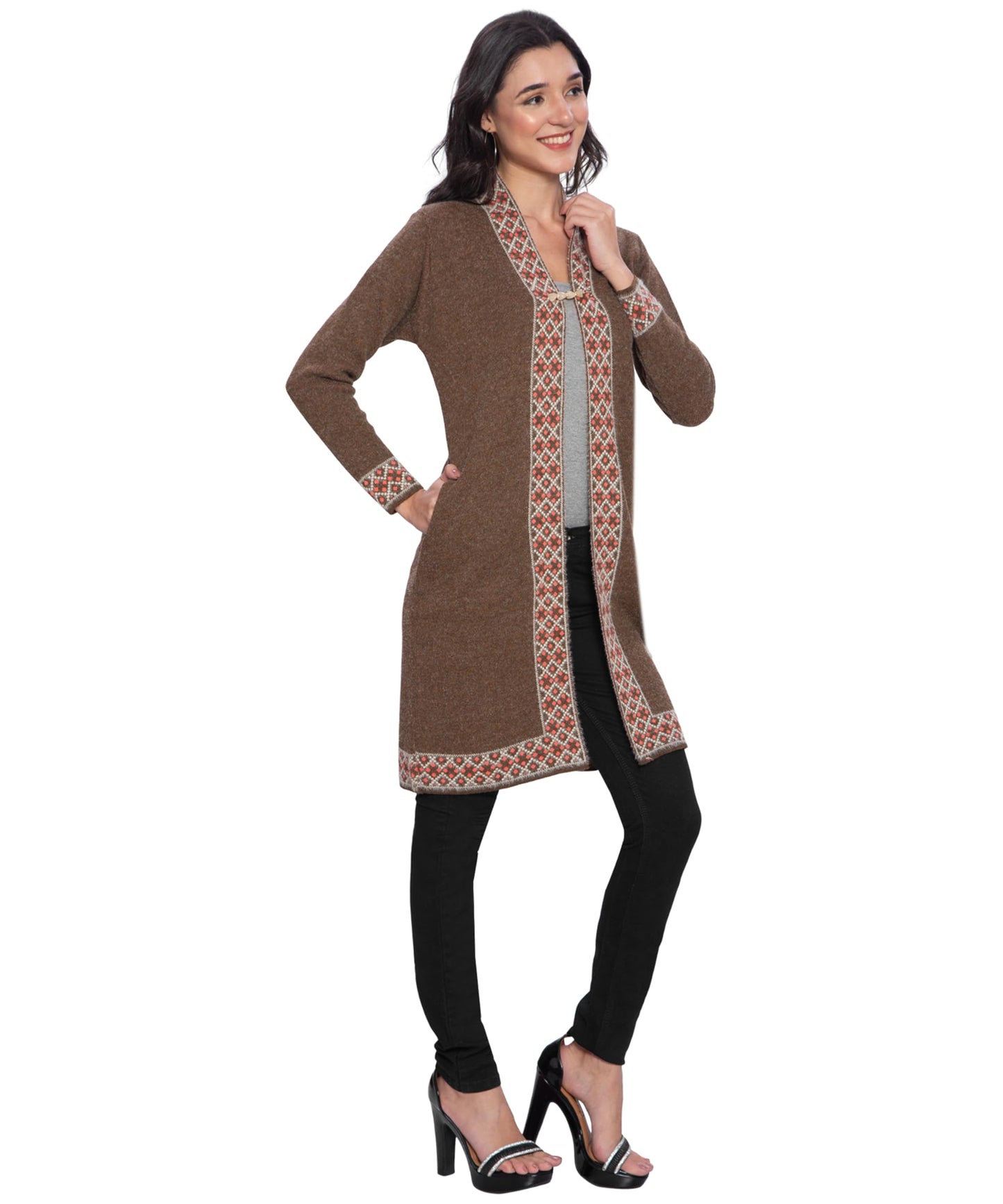 Women Woolen Log Sweater || Long Shrugs || Printed Woollen Coat || Open Front Longline Shrug Cardigan (IN, Alpha, XL, Border Brown)