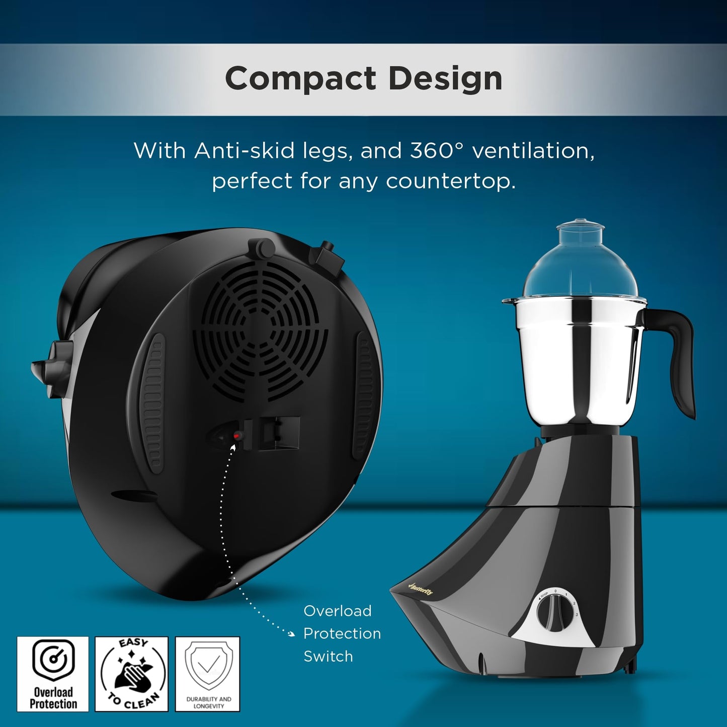 Butterfly Smart 750 Watts Mixer Grinder with 4 Jars | 3 Stainless Steel Jars & 1 Juicer | ABS Body | Heavy Duty Motor | 2 Years Manufacturer's Warranty | Grey