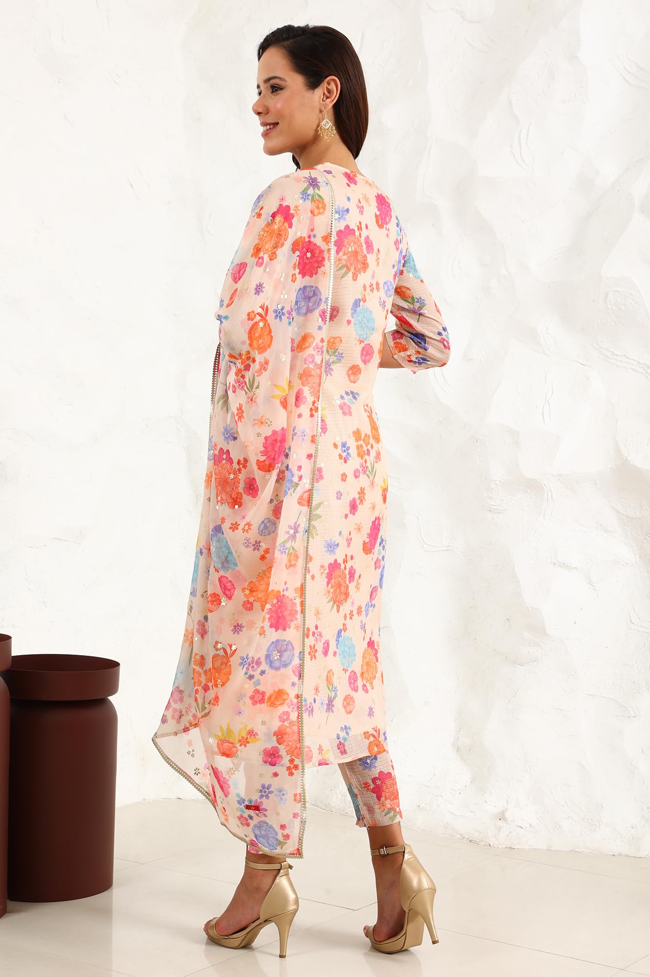W for Woman Cream Floral Printed Sequined Kota Flared Kurta, Pants and Dupatta Set
