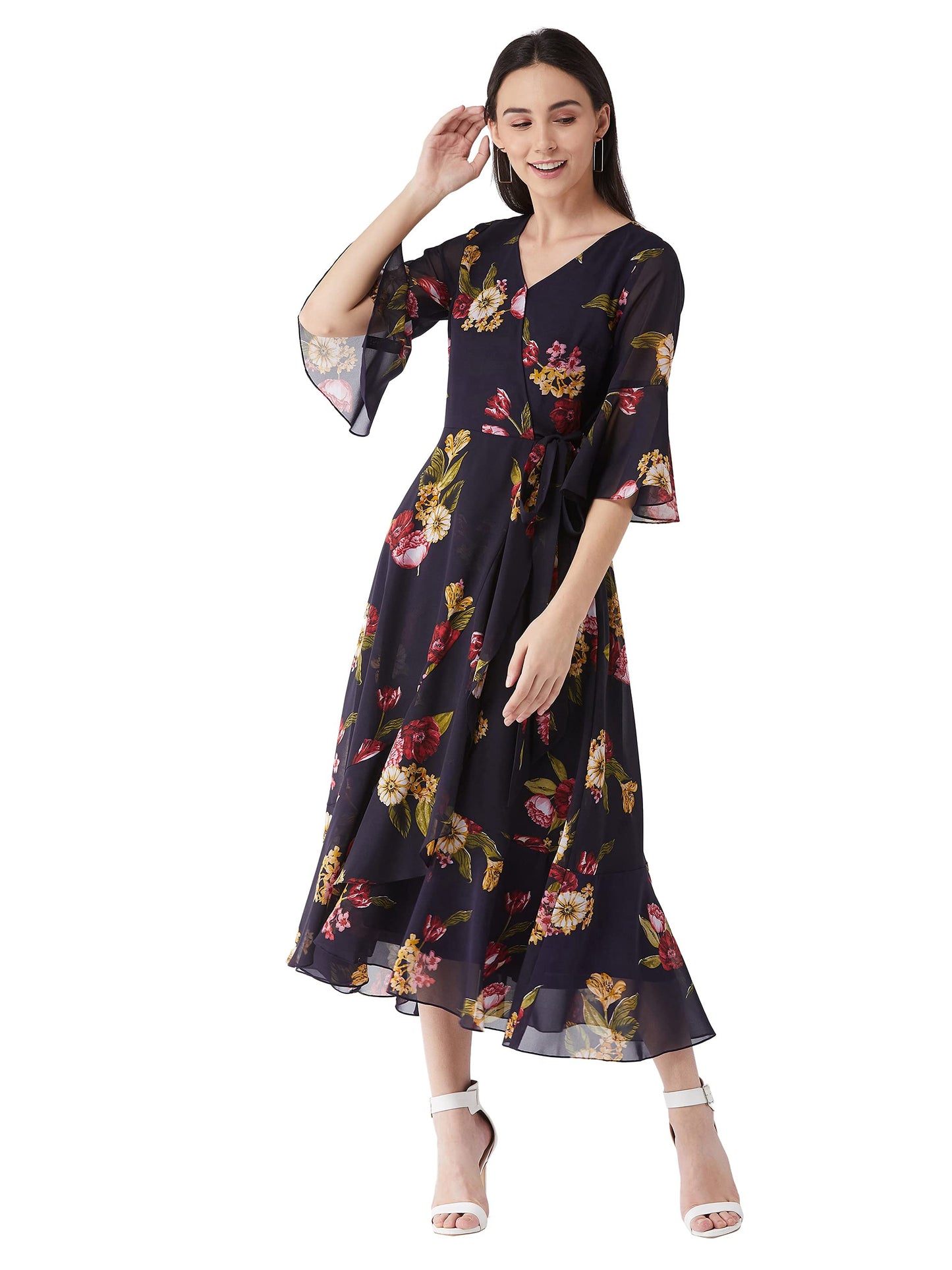 Miss Chase Women's Multicolored- Base- Navy Blue V Neck 3/4th Sleeve Floral Ruffled Maxi Dress (MCAW21D06-13-224-05,Multicolored- Base- Navy Blue,L)