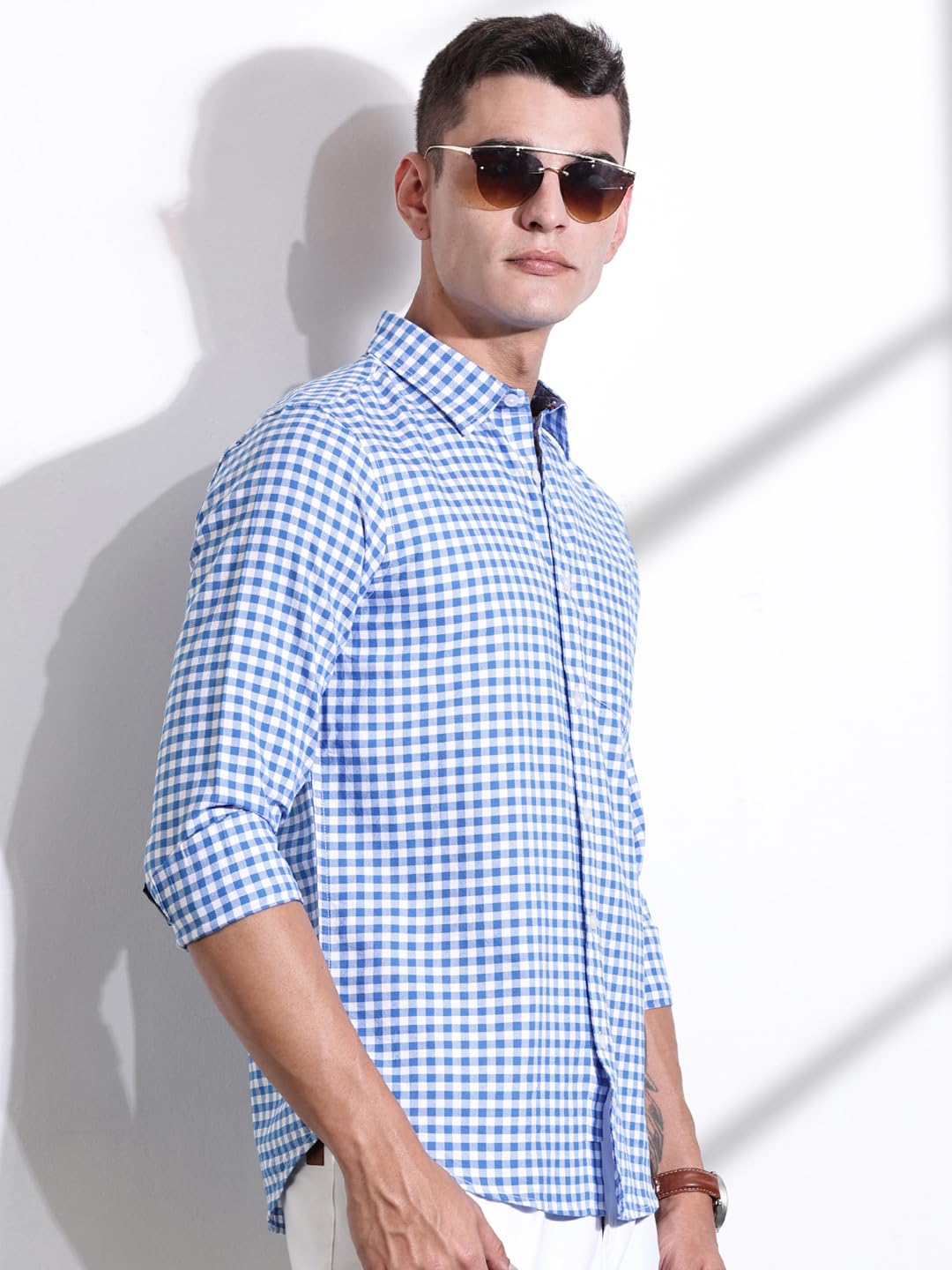 Thomas Scott Men | Long Sleeves | Gingham Checks | 100% Cotton | Spread Collar | Casual Shirt | (Available in Plus Size)(TS1481_Blue_XL)