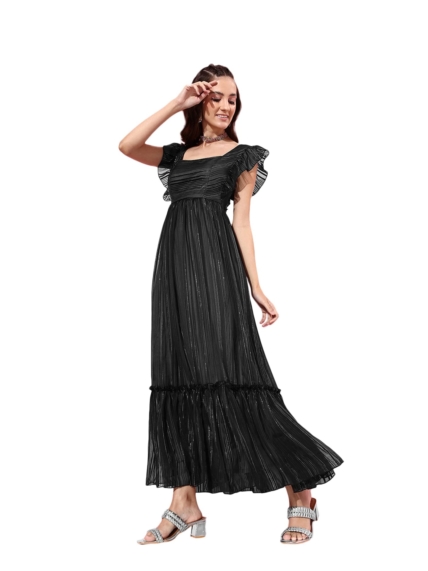 Miss Chase Women's Black Square Neck Layered Ruffles Sleeve Floral Patterned Tiered Georgette Maxi Dress (MCAW22D16-27-62-04, Black, M)