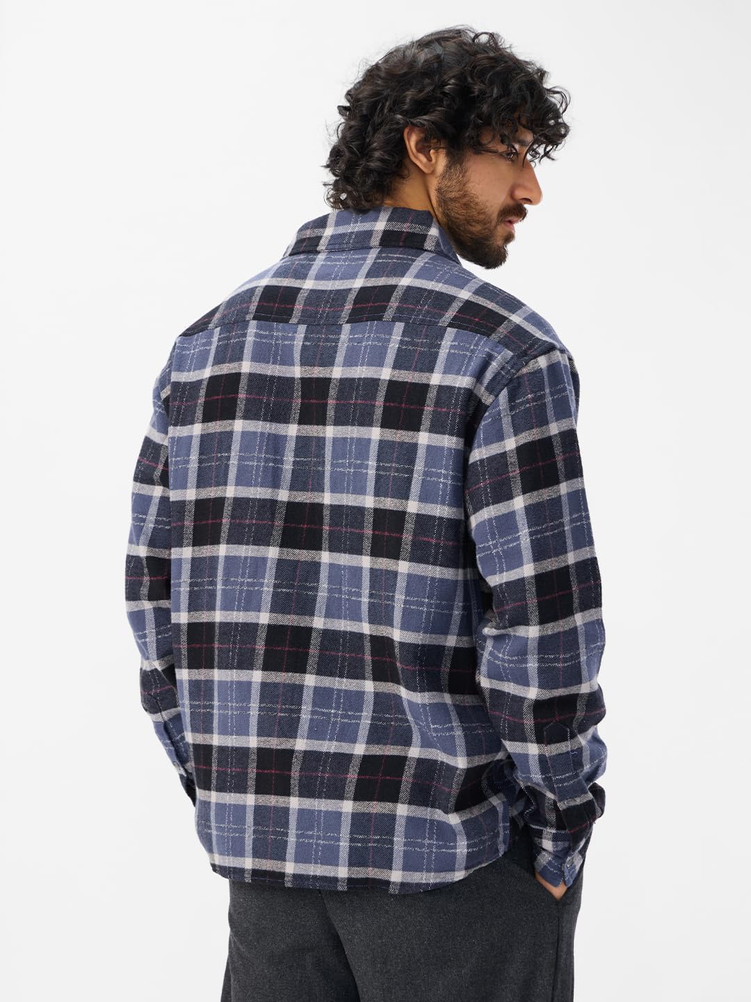 The Souled Store Plaid: Eclipse Men and Boys Long Sleeves Collared Neck Button Front Cotton Oversized Shackets