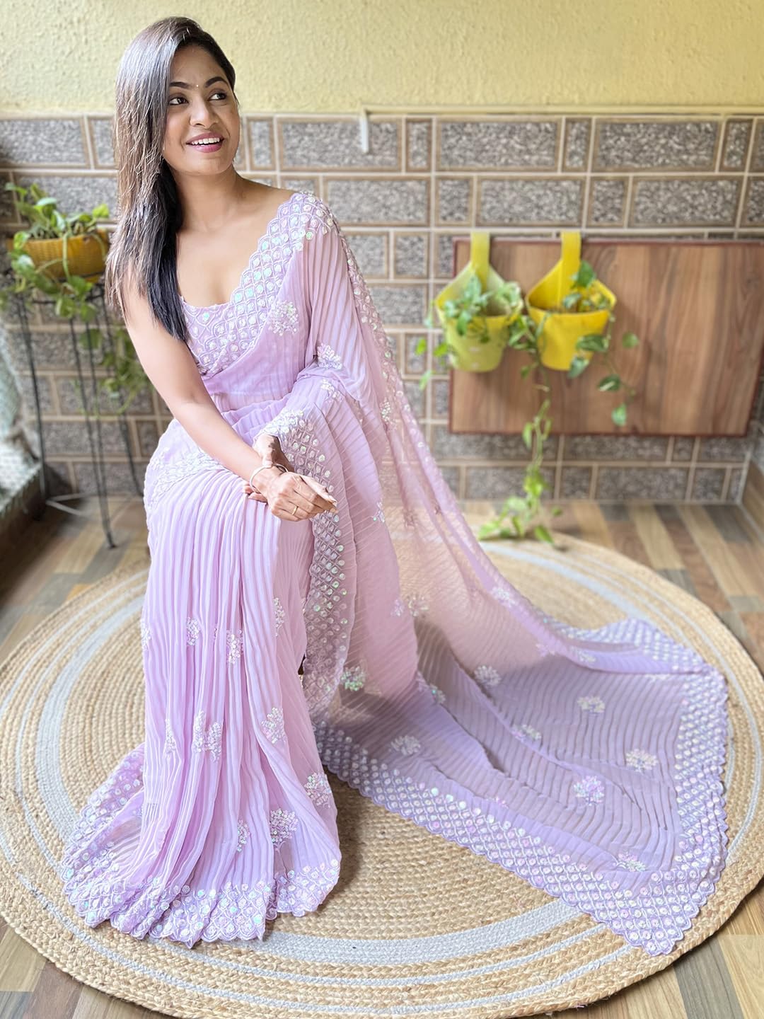 AKHILAM Women's Lavendar Georgette Sequins Embellished Saree with Unstitched Blouse Piece (KESARI4205_KR)