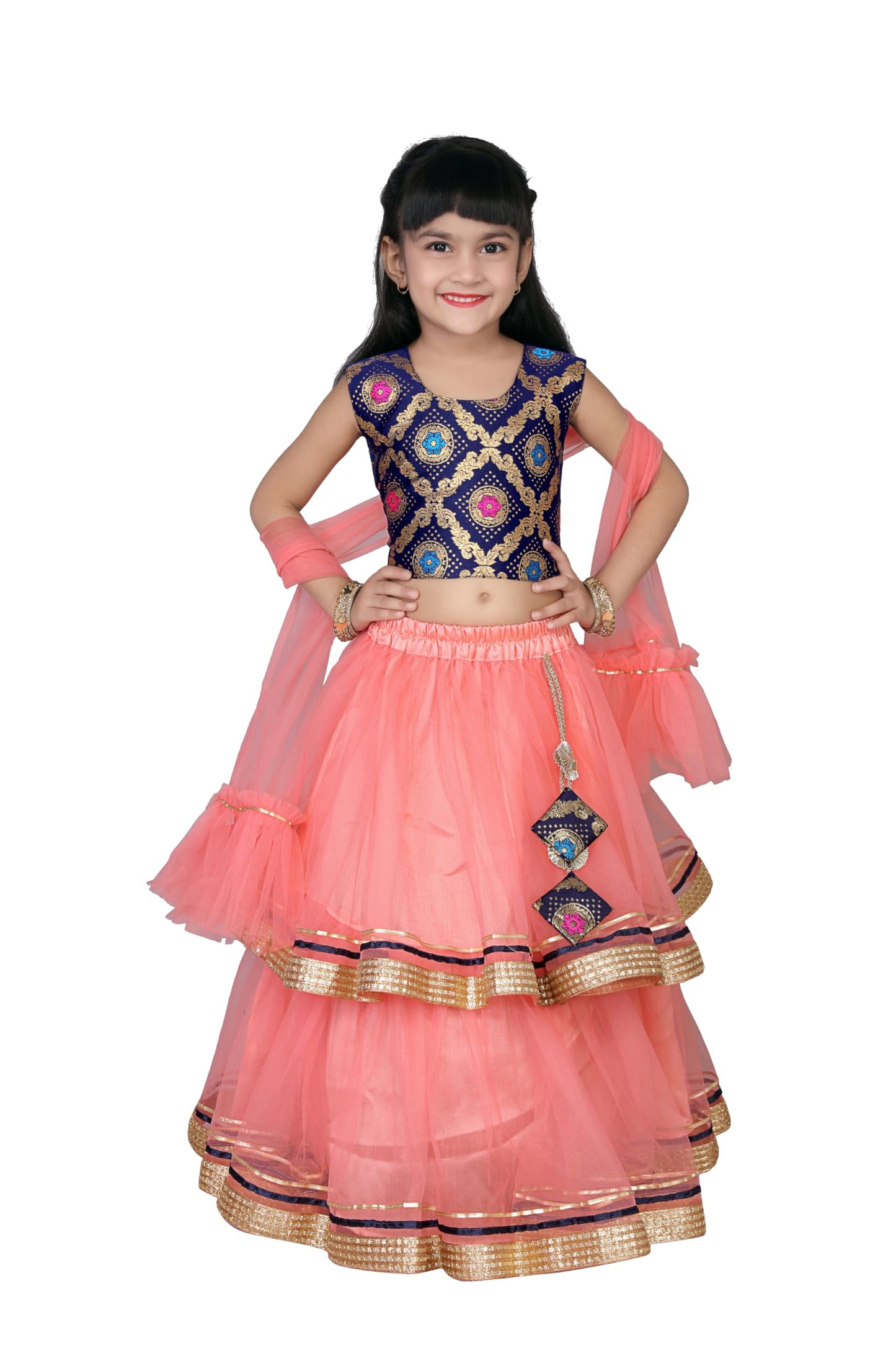 satyamfab Girls Ready to Wear Lehenga & Blouse with Dupatta - Heavy Mono Net and Jacquard Fabric, Fully Stitched