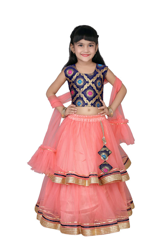 satyamfab Girls Ready to Wear Lehenga & Blouse with Dupatta - Heavy Mono Net and Jacquard Fabric, Fully Stitched