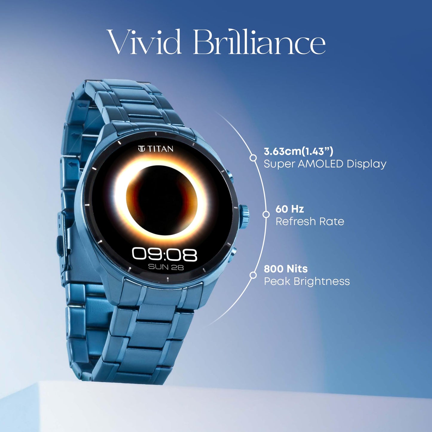 Titan Heritage 1.43" AMOLED Stainless Steel Bracelet Smart Watch for Men, BT Calling, Voice Assistant, Quick Health Measurement, Functional Crown, 3D UI, 60Hz Display, Fast Charging (Blue)