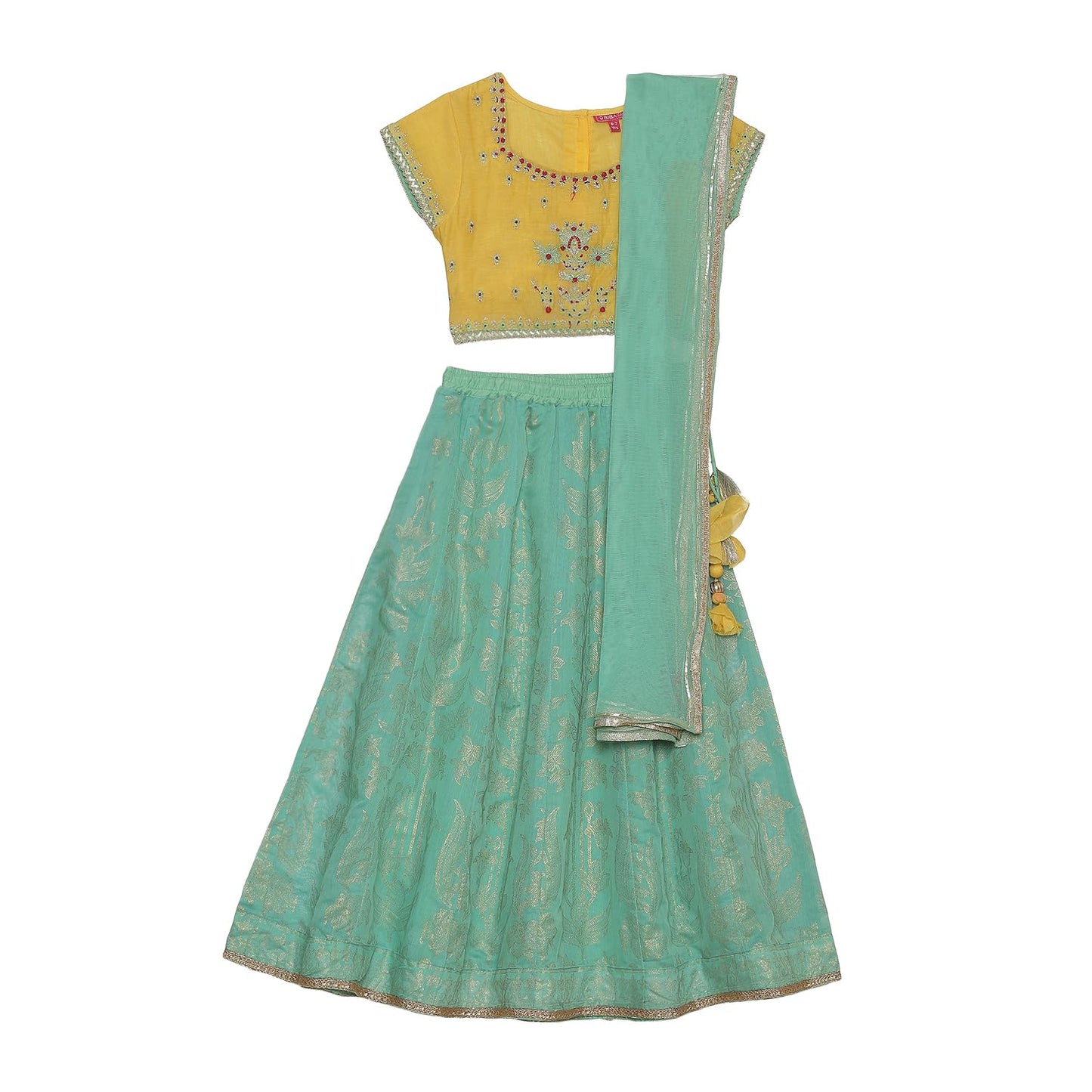 BIBA Girl Cotton Readymade Embroidery Flared Kid(Kw4224_Yellow_3), Straight Lehenga Set