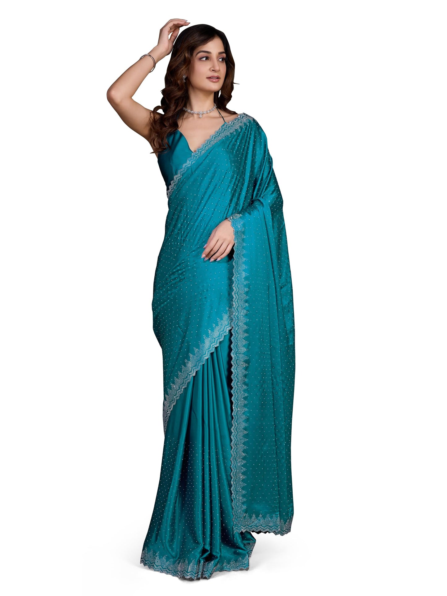 TRENDMALLS Women's Satin Silk Siroski Work Saree with Unstitch Blouse Piece (K1109-Morpeach)