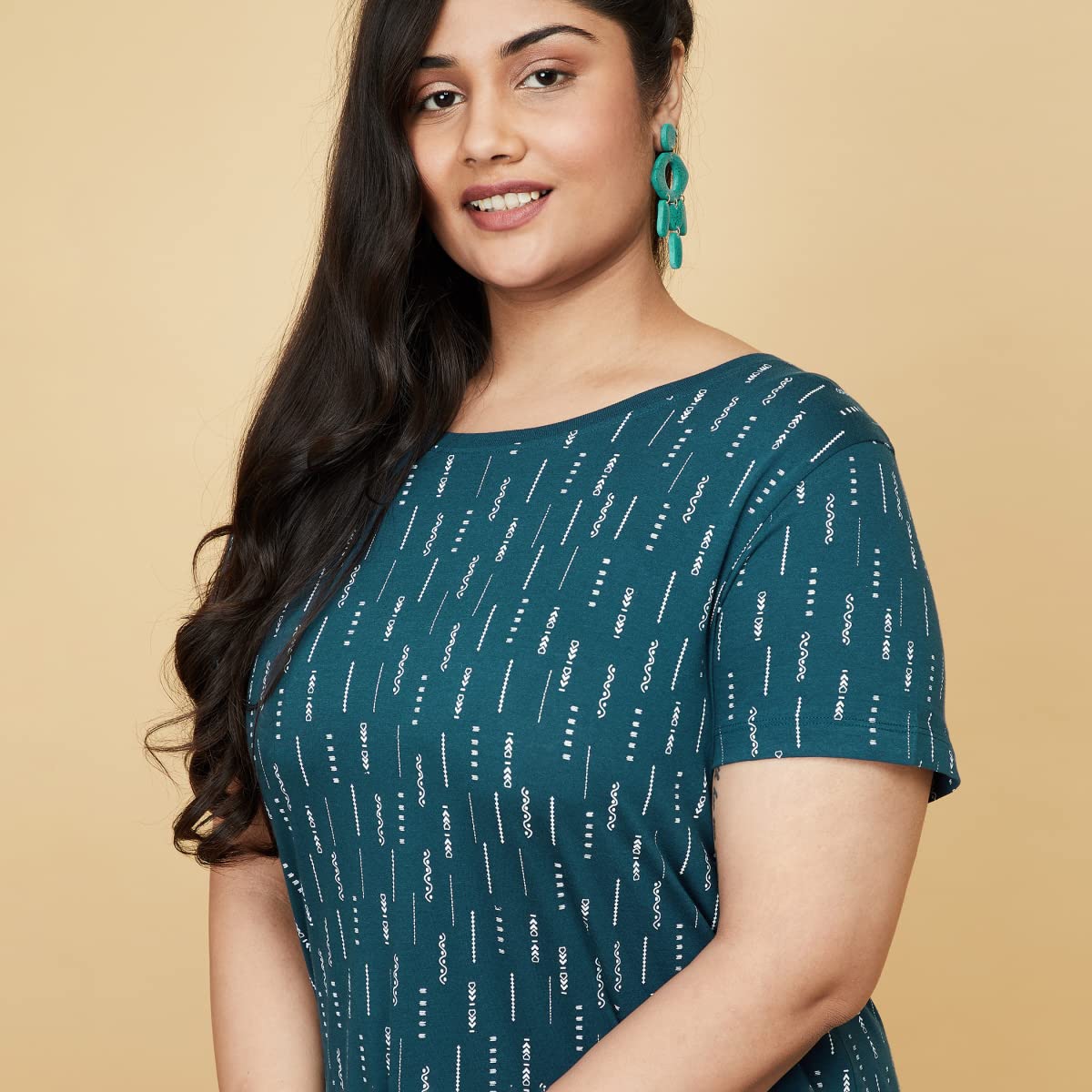 Max Women's Plus Size Pure Cotton Printed Regular Fit Round Neck Cotton T-Shirt (Tery2Bp_Teal)